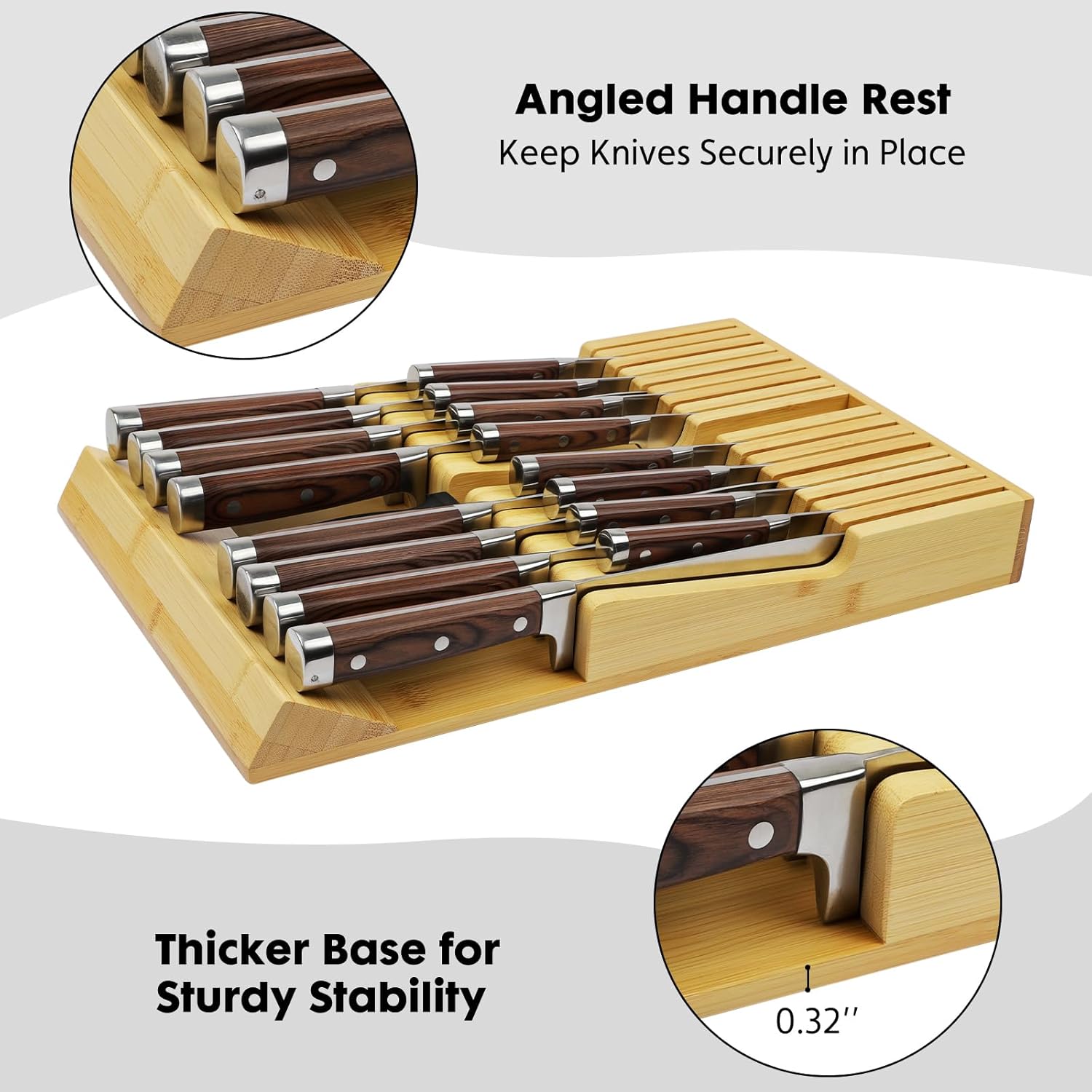 Bamboo Kitchen Drawer Knife Holder, In-drawer Knife Block, Knife Drawer Organizer fit for 16 knives and 1 steel sharpening