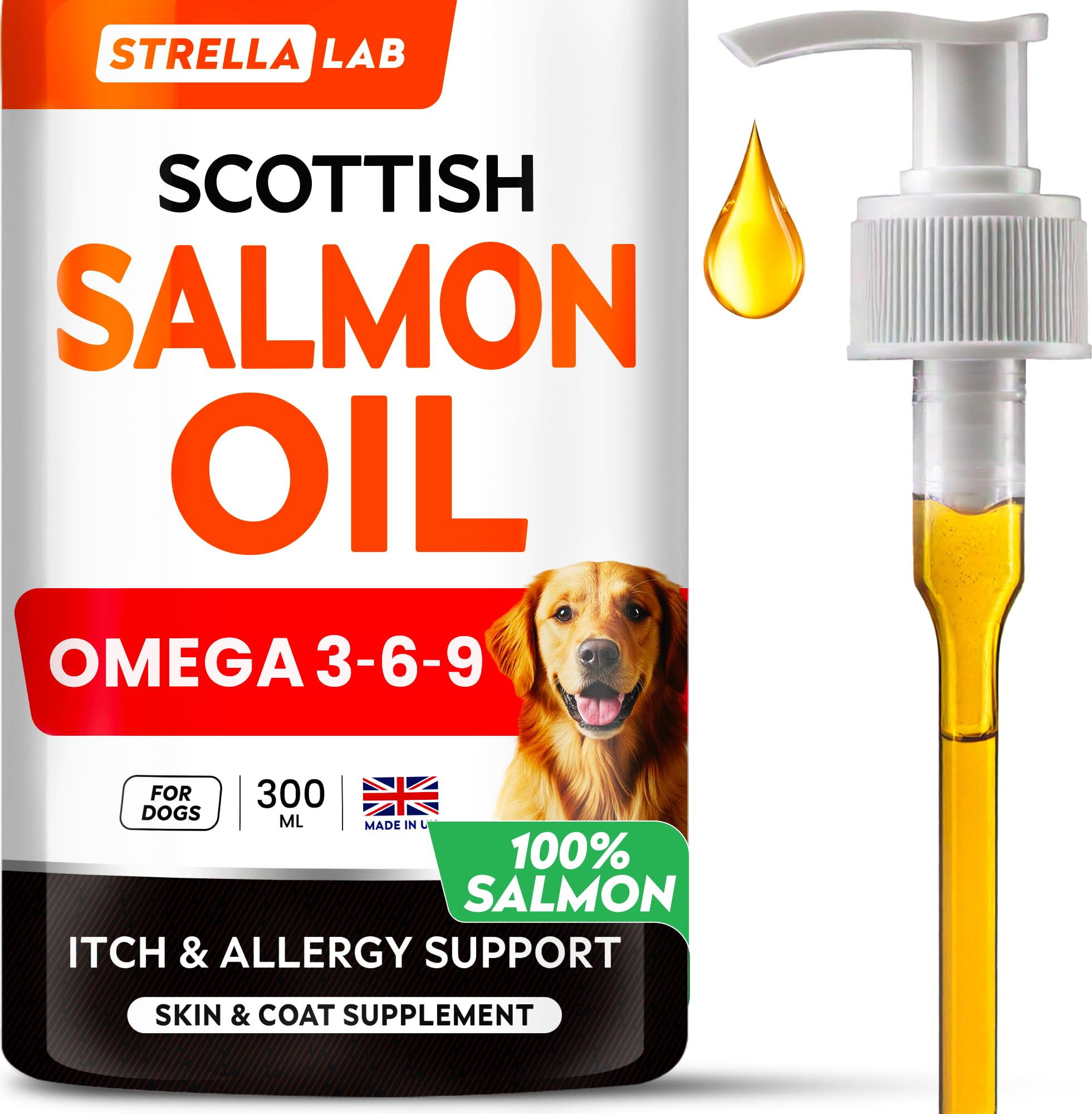 STRELLALAB Salmon Oil for Dogs & Cats - Natural Omega-3-300ml Fish & Cod