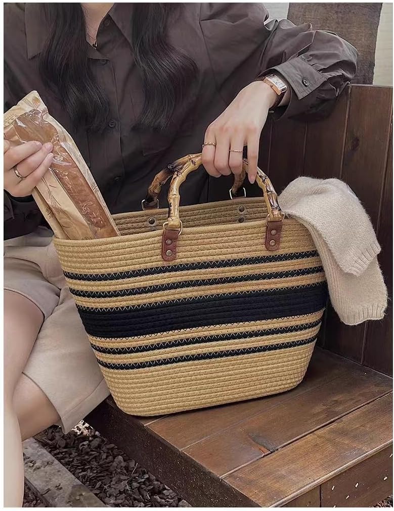 Women's Tote Bag with Bamboo-Inspired Resin Handles Large Straw Tote Bag Woven Handbag Shoulder Bag for Vacation