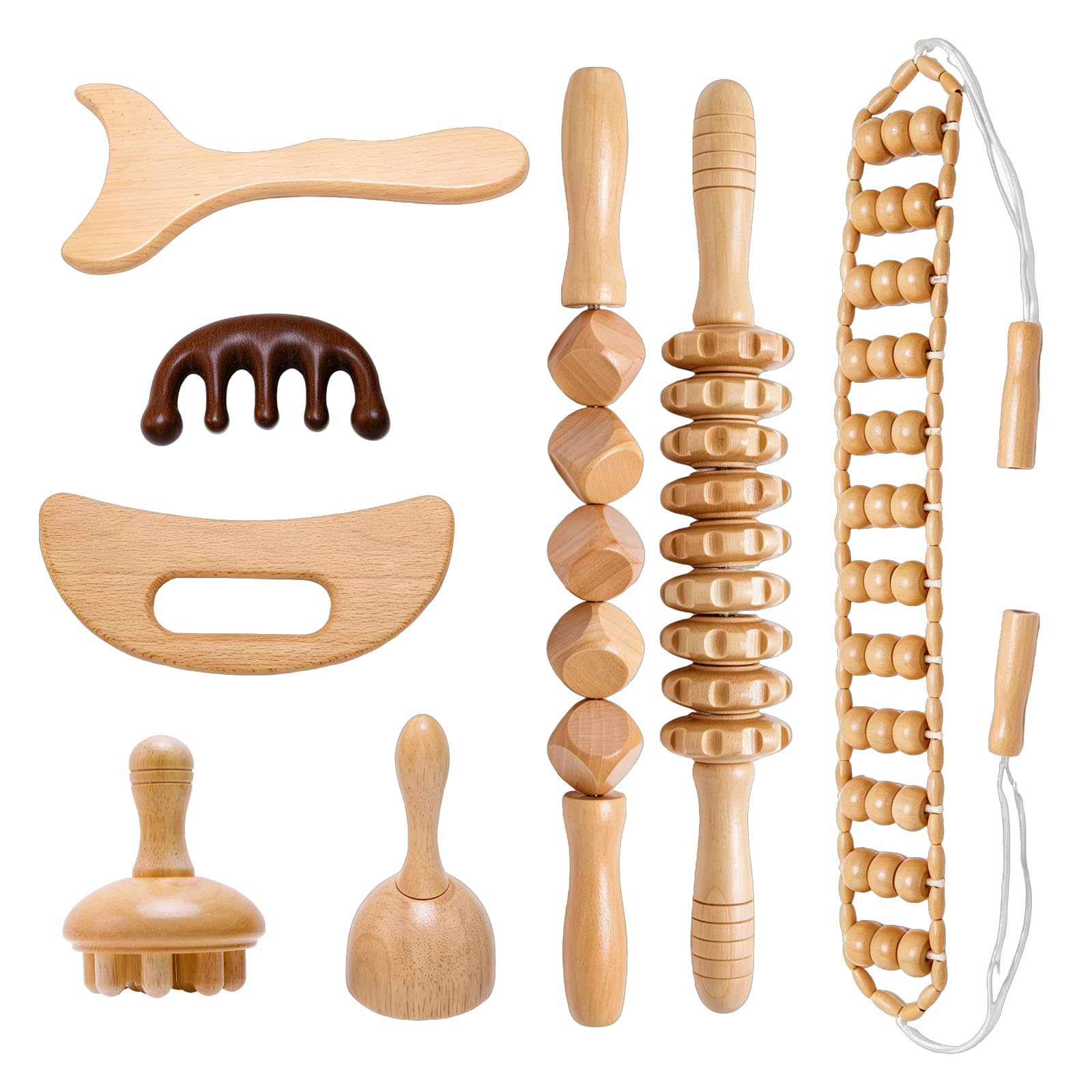 Set massaggiatore in legno, 8 in 1, per modellare il corpo, drenaggio linfatico, anti-cellulite, rullo per massaggio Gua Sha per tutto il corpo
