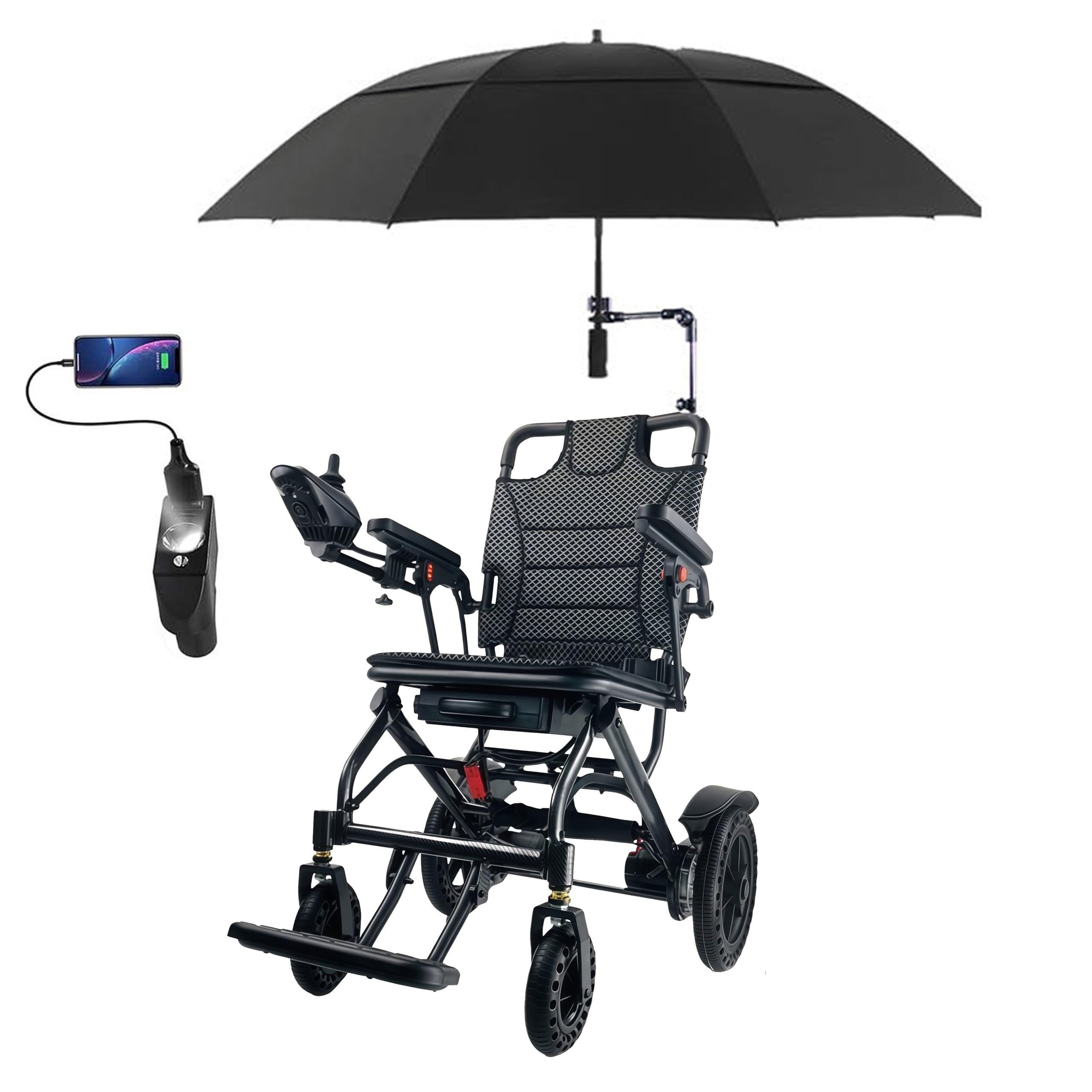 Silla de ruedas eléctrica ultraligera y plegable para adultos y ancianos | Larga autonomía de viaje | Sillas de ruedas eléctricas todo terreno | Incluye paraguas y luz USB,20ah