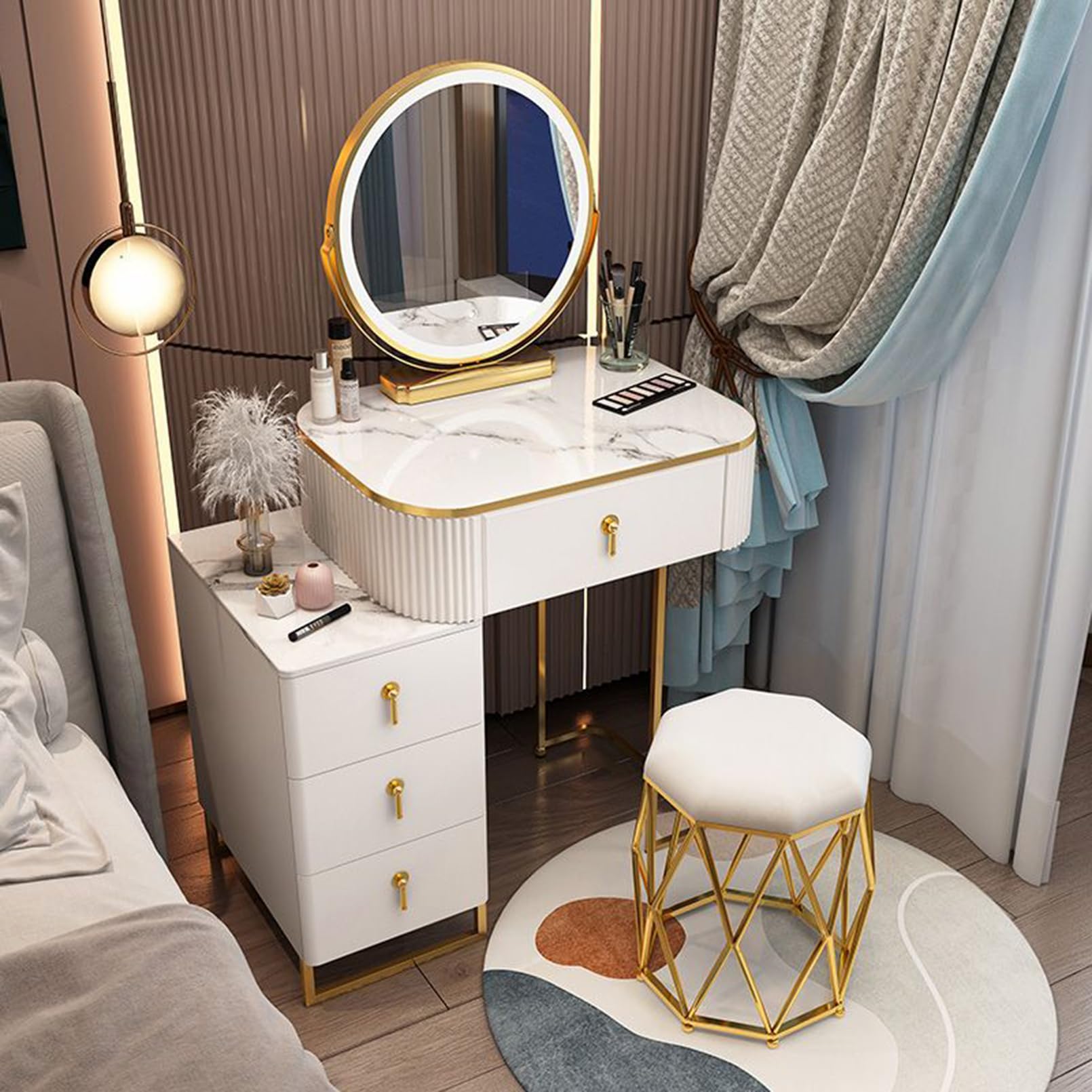 Set da trucco girevole a 360° con luci, cassetto, sgabello, specchio, tavolo da toeletta dal design moderno, ideale per gli amanti del trucco, stile nido d'uccello, 50 cm