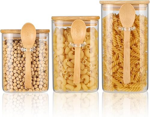 Miniatura 1 de Juego de 3 recipientes de almacenamiento de vidrio con tapas de bambú y cuchara, tarros de vidrio hermético transparente para almacenamiento de