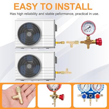 Hvac Tools, Low Loss Fittings Hvac Quick Coupler Access Tee 1/4'' Valves Core Tee Adapter with Swivel Connector AC Vacuum Pump for Gauge Deep Vacuum Pump Manifold