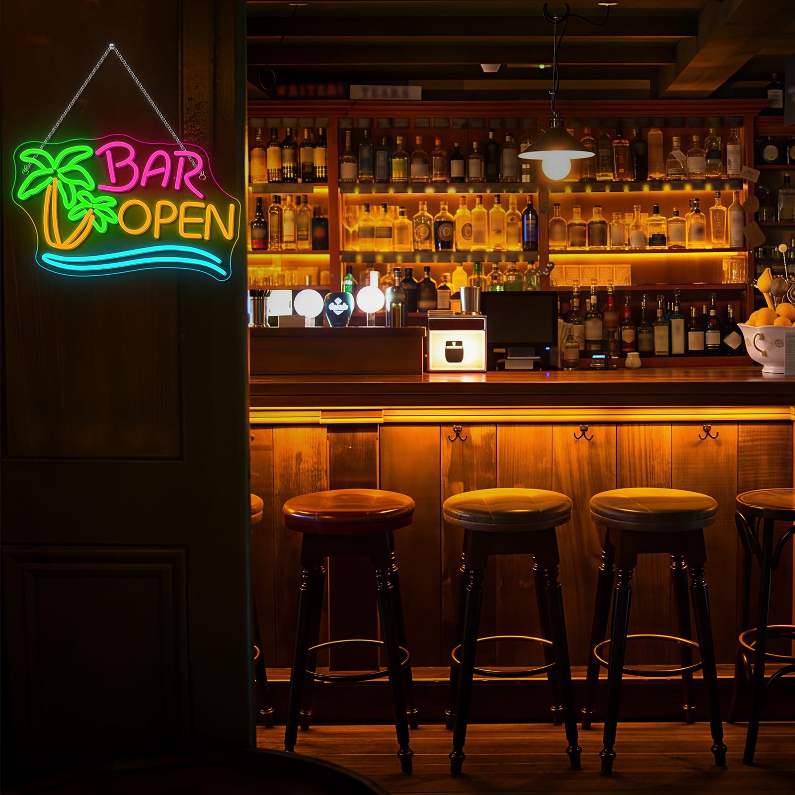 Bar Open Palme Neon Schild Dimmbar für Wanddekoration, Neon Sign Zeichen Licht Open, Leuchtschild Wand Dekor für Bar,Taverne,Clubs,Partys,Geschenk