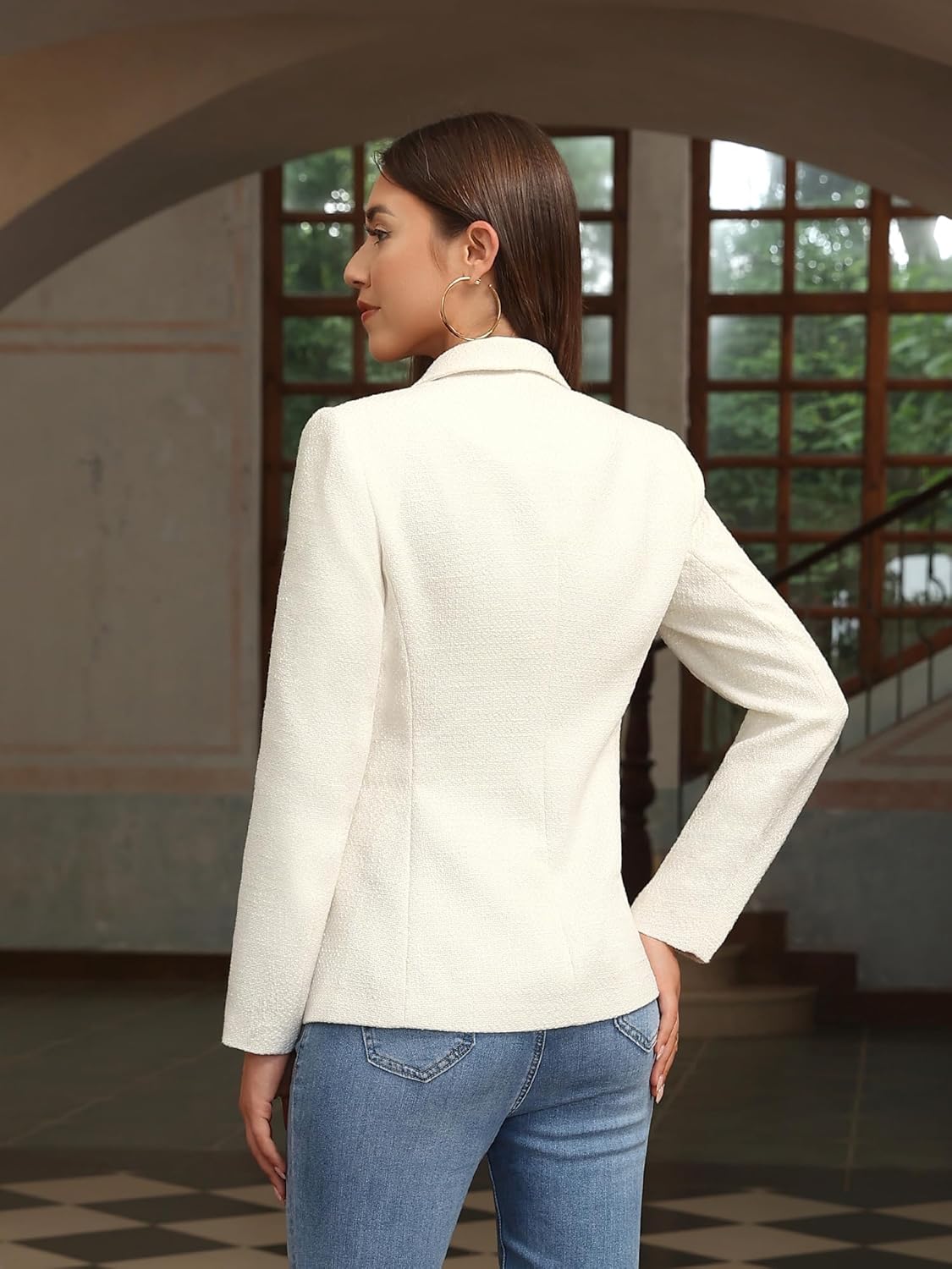 M.Infisavo Womens Double Breasted Blazer Peaked Lapels Office Suit Jacket Long Sleeve Pocket Lined Tweed Outfits - Image 3