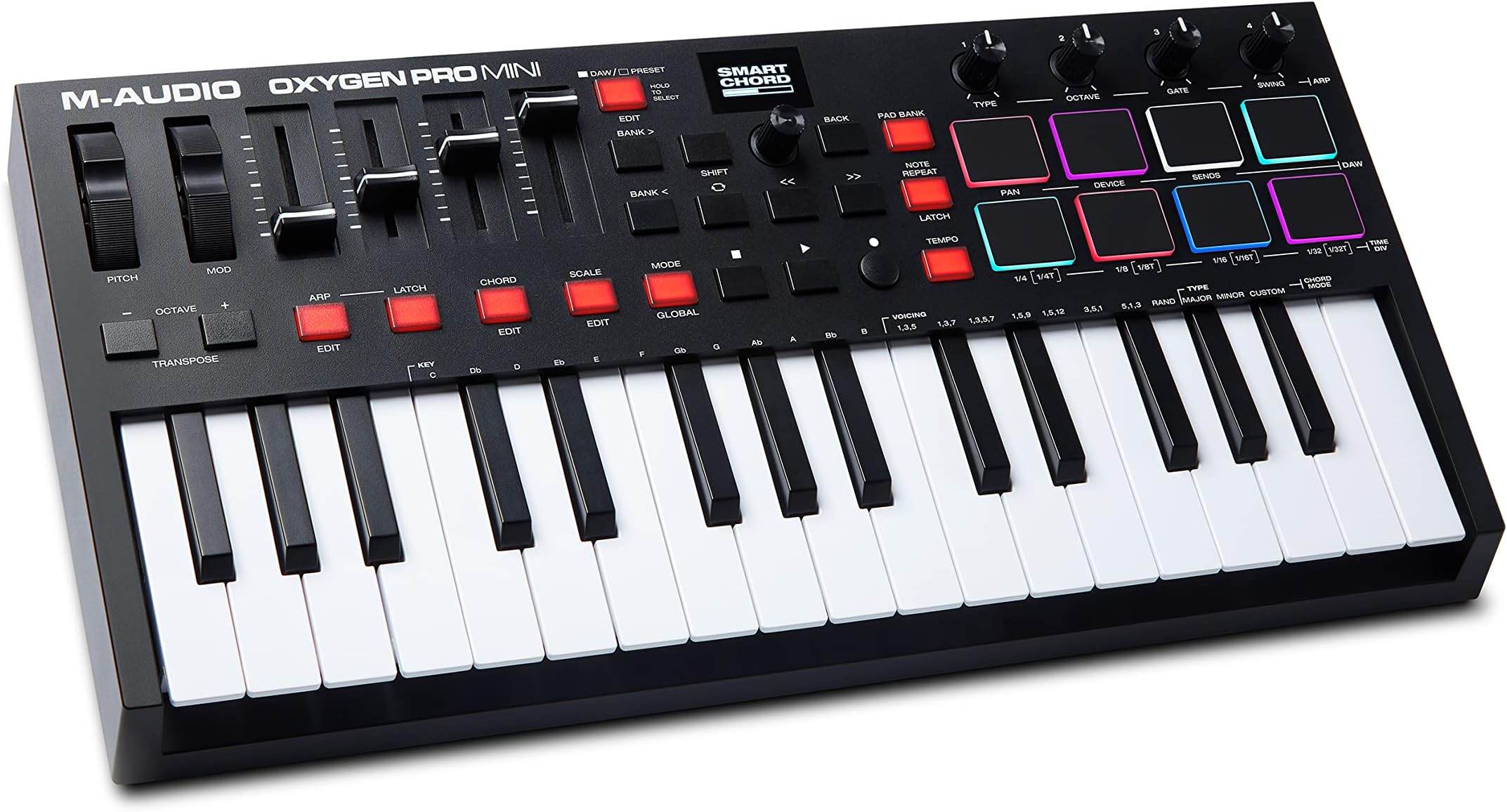 Oxygen Pro Mini 32-Key USB MIDI Keyboard Controller for MacOS and WinOS, with Beat Pads, Assignable Knobs and Faders, and Native Instruments Sound Pack (NKS Integration)