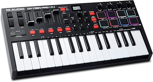 M-Audio Oxygen Pro Mini - Controlador de teclado MIDI USB de 32 teclas con almohadillas de ritmo, botones asignables MIDI, botones y faders y