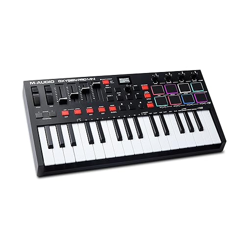 M-AUDIO Oxygen Pro Mini - 32 Key USB MIDI Keyboard Controller With Beat Pads, MIDI-assignable Knobs, Buttons and Faders, and Native Instruments Sound Package (NKS Integration)