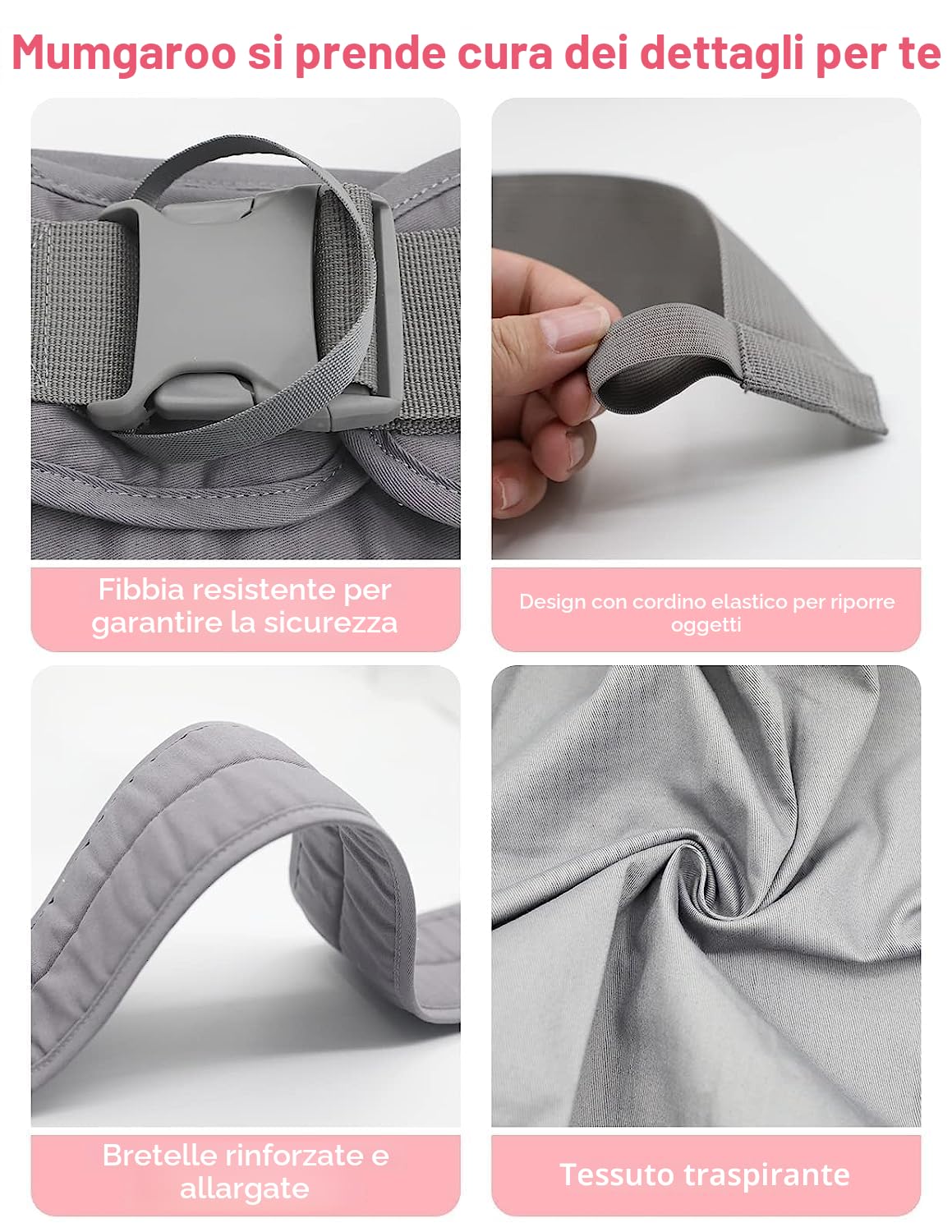 Fascia Porta Bebe, Marsupio Neonato Mumgaroo, Fascia Neonato Multifunzionale On the Go,Marsupio Neonato 0-36 mesi, Tutte le Stagioni, Fino a 15kg, Grigio