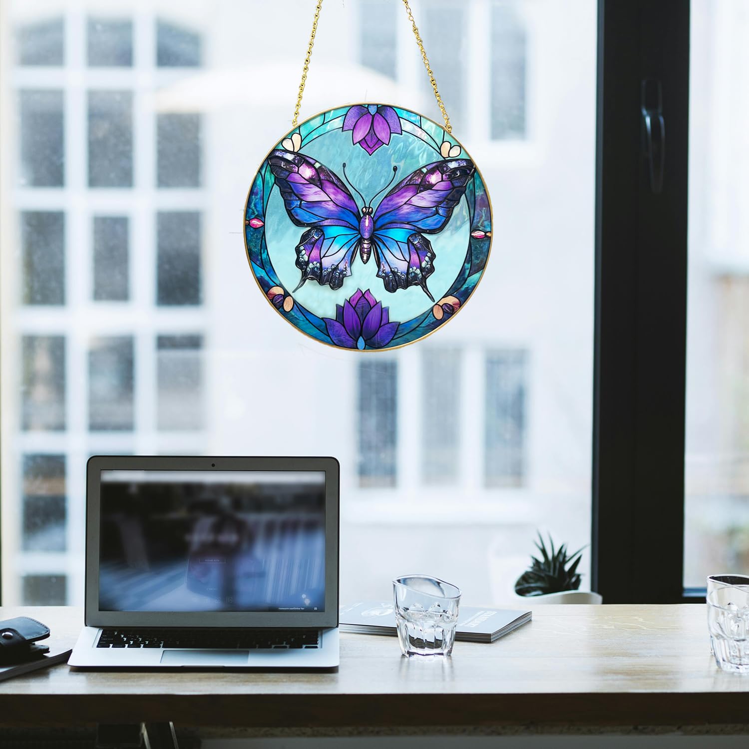 Schmetterling Buntglas Fensterbehang, 19,8 cm, handbemalt, Sonnenfänger, Glasscheibe, Wandkunst, Dekor mit Kette, Schmetterlings-Geschenke für Frauen, Mutter, Oma, Außen- und Innenbereich