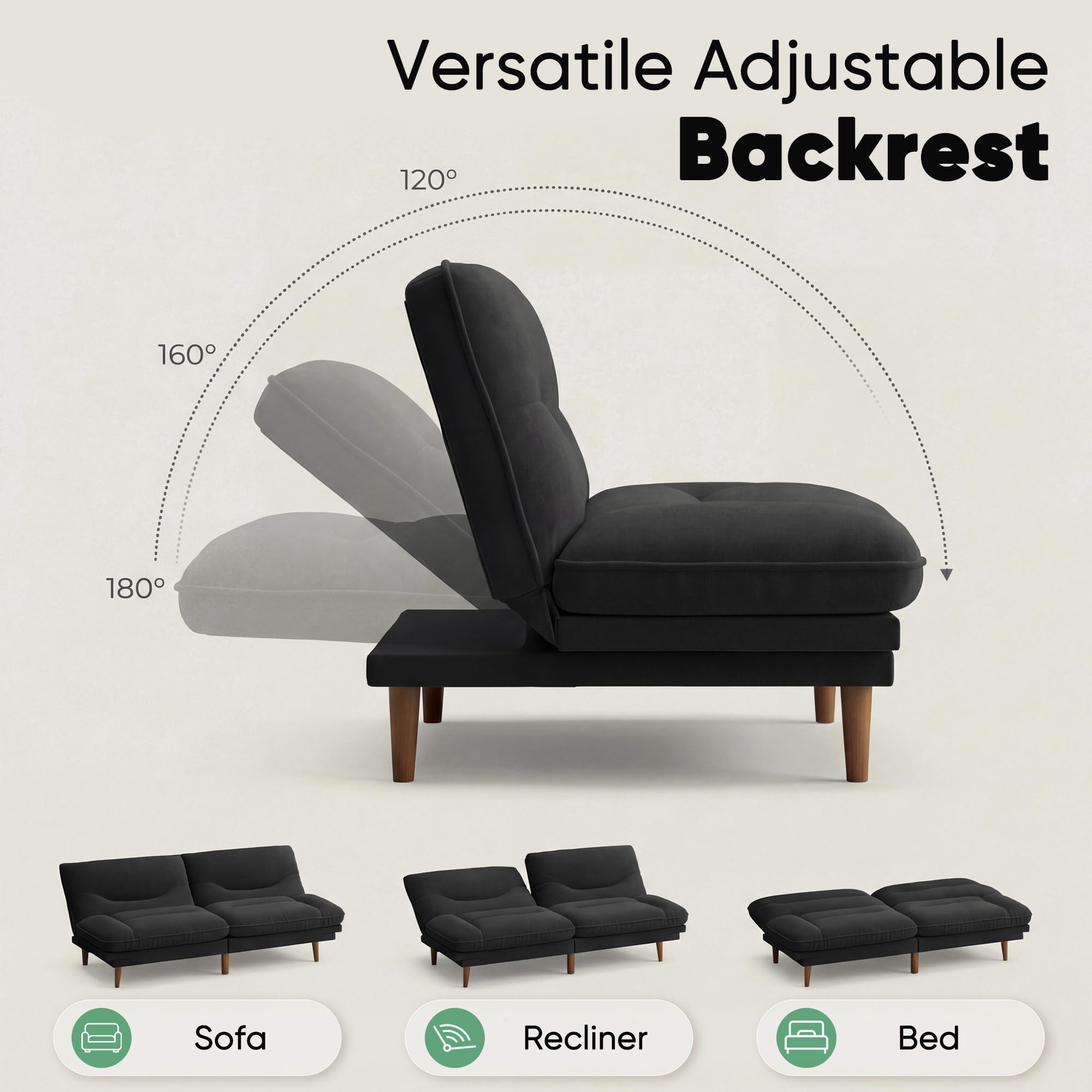 Flamaker Futon Sofa Bed, 65'' Loveseat with Adjustable Armrest & Backrest | Sleeper Sofa with Wooden Frame, Modern Convertible Futon Couch for Small Spaces, Studio, Apartment, Guest Room | Linen, Black