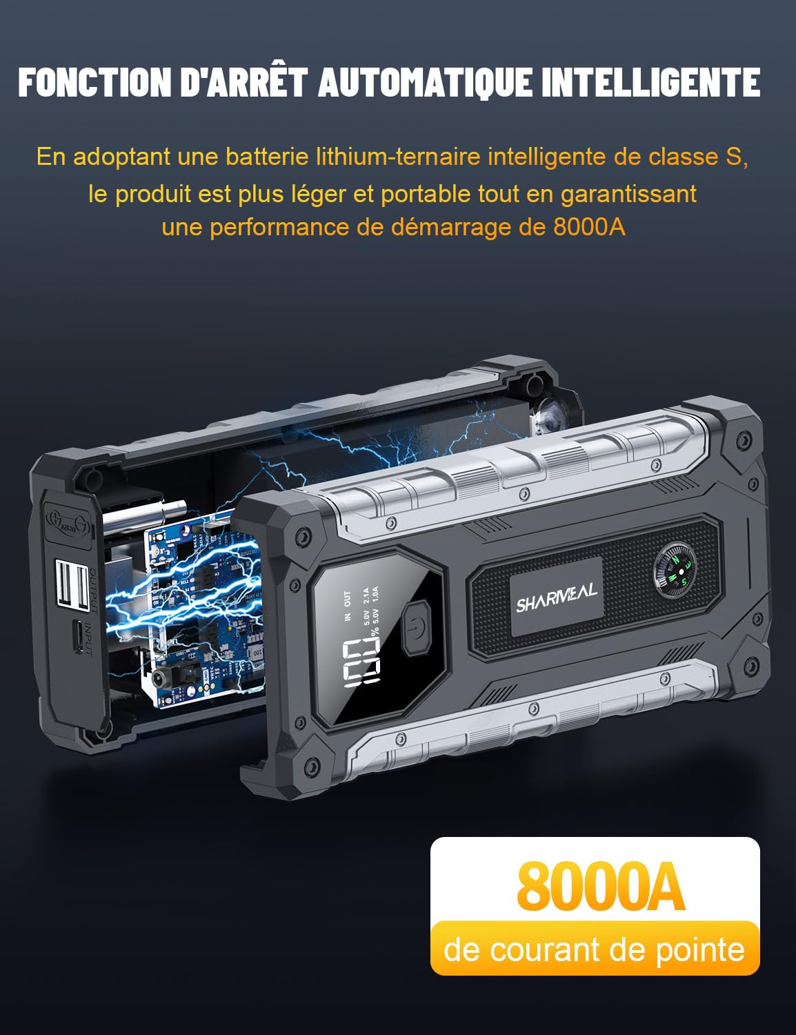 Sharmeal Booster Batterie Voiture 10000A, Démarreur Batterie Voiture Portable(Tout Essence ou 10L Diesel), 12V Jump Starter, Pinces de Sûreté Intelligentes, Grand Écran LCD, 400 Lumière LED 3 Modes