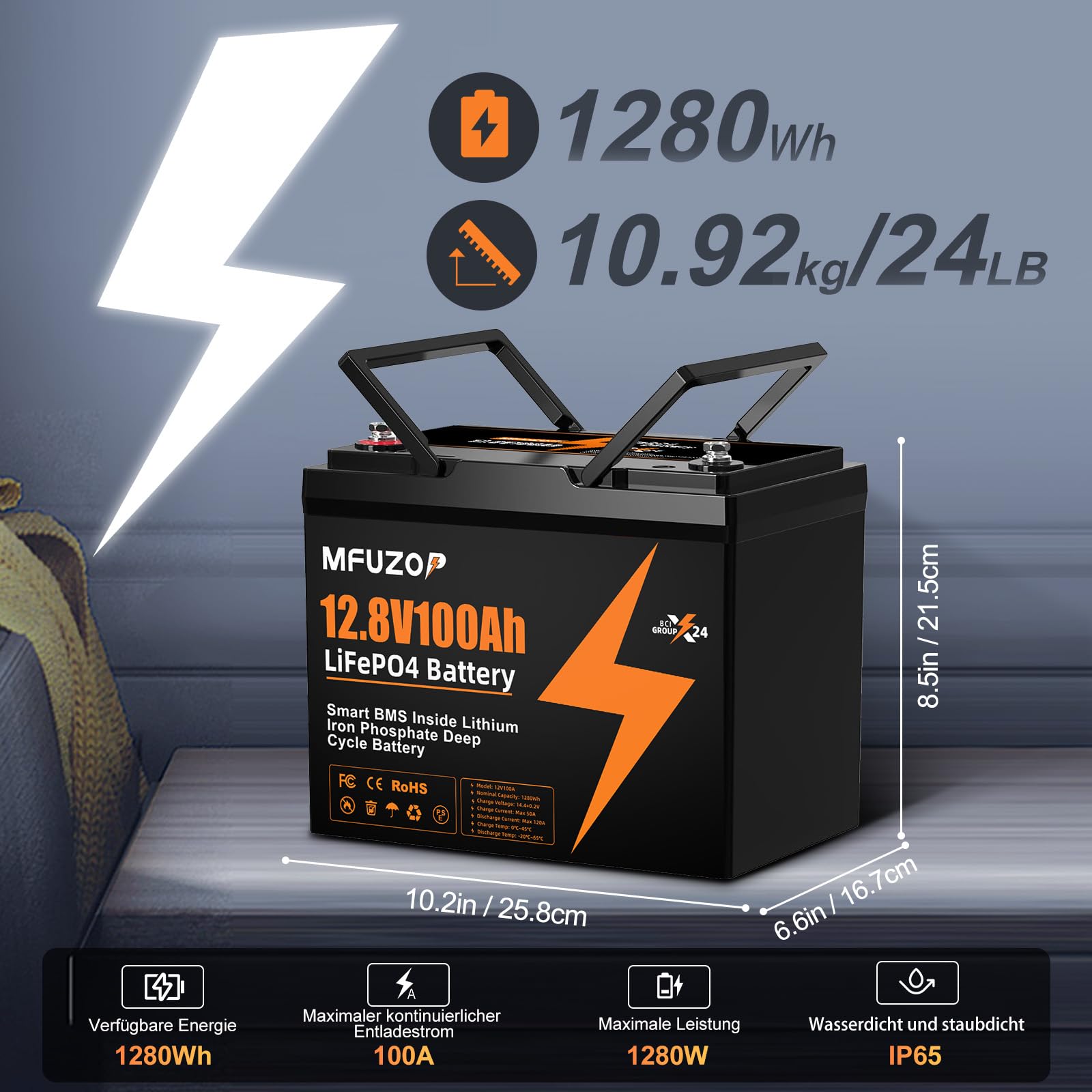 12V100Ah LiFePO4 Lithium Batterie, 100A BMS, MAX 1280W Leistung, 8000-15000 Zyklen Deep Cycle Lithium Batterie Akku, Unterstützt Serien/Parallelschaltung, für Wohnmobil, Solar Home System