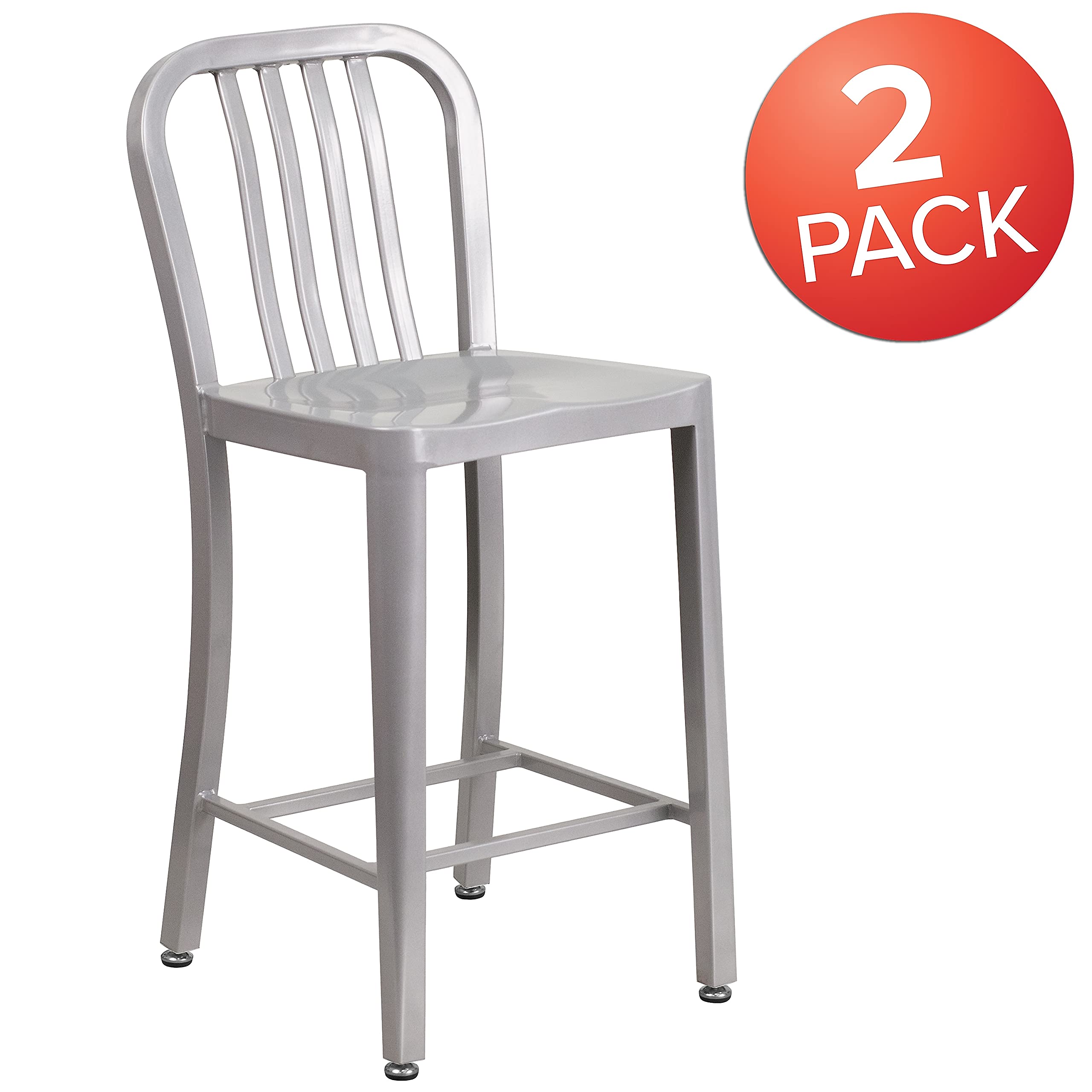 Flash Furniture Set 2 Sgabelli Da Bar Industriali | Metallo Argento 76 Cm | Con Schienale E Poggiapiedi | Uso Interno/Esterno - 2