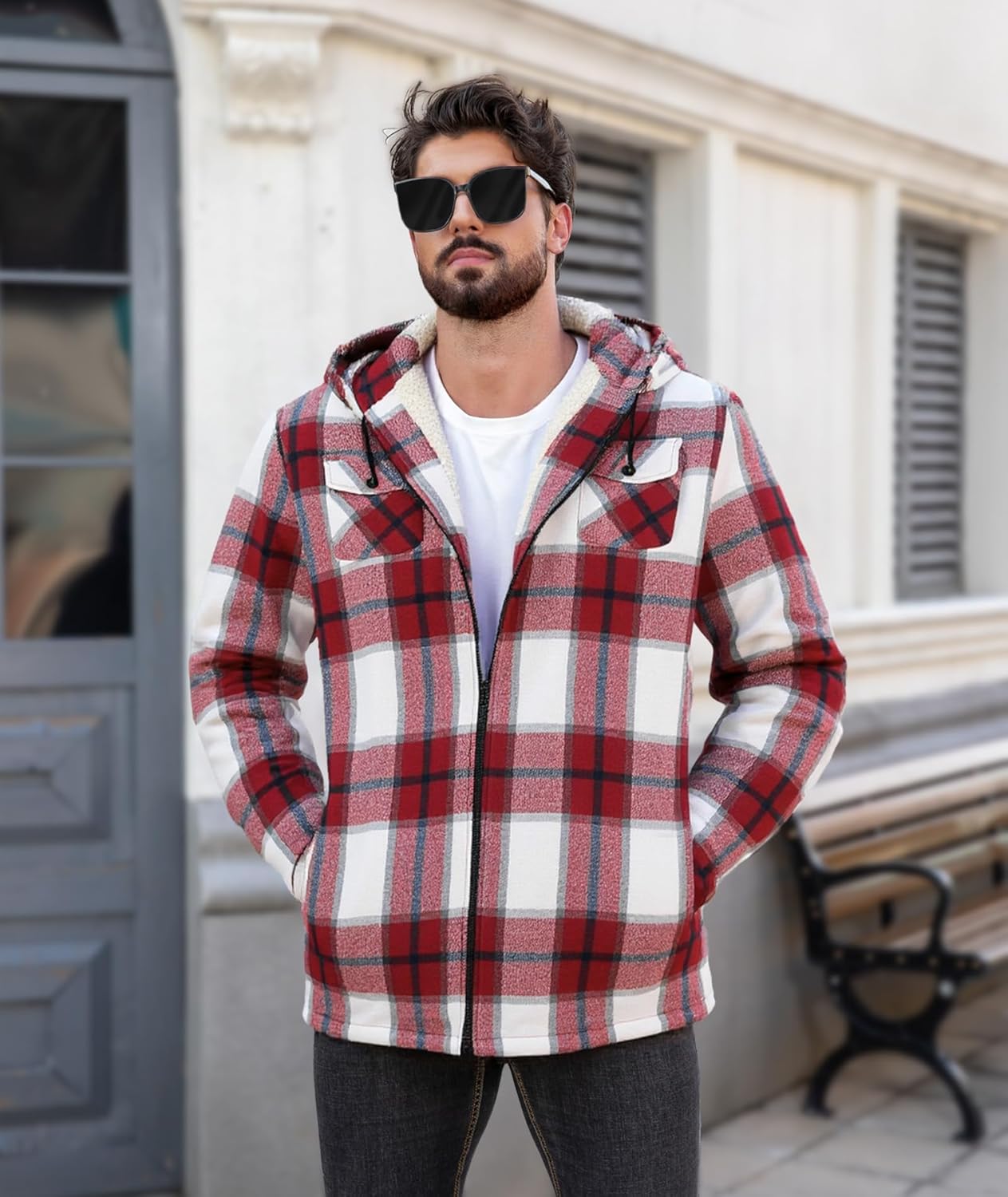 JACKETOWN Mens Flannel Hoodies Plaid Hoodies Winter Zip Up Fleece Jacket Sherpa Fleece Lined Warm Flannel Jacket Coat - Image 3