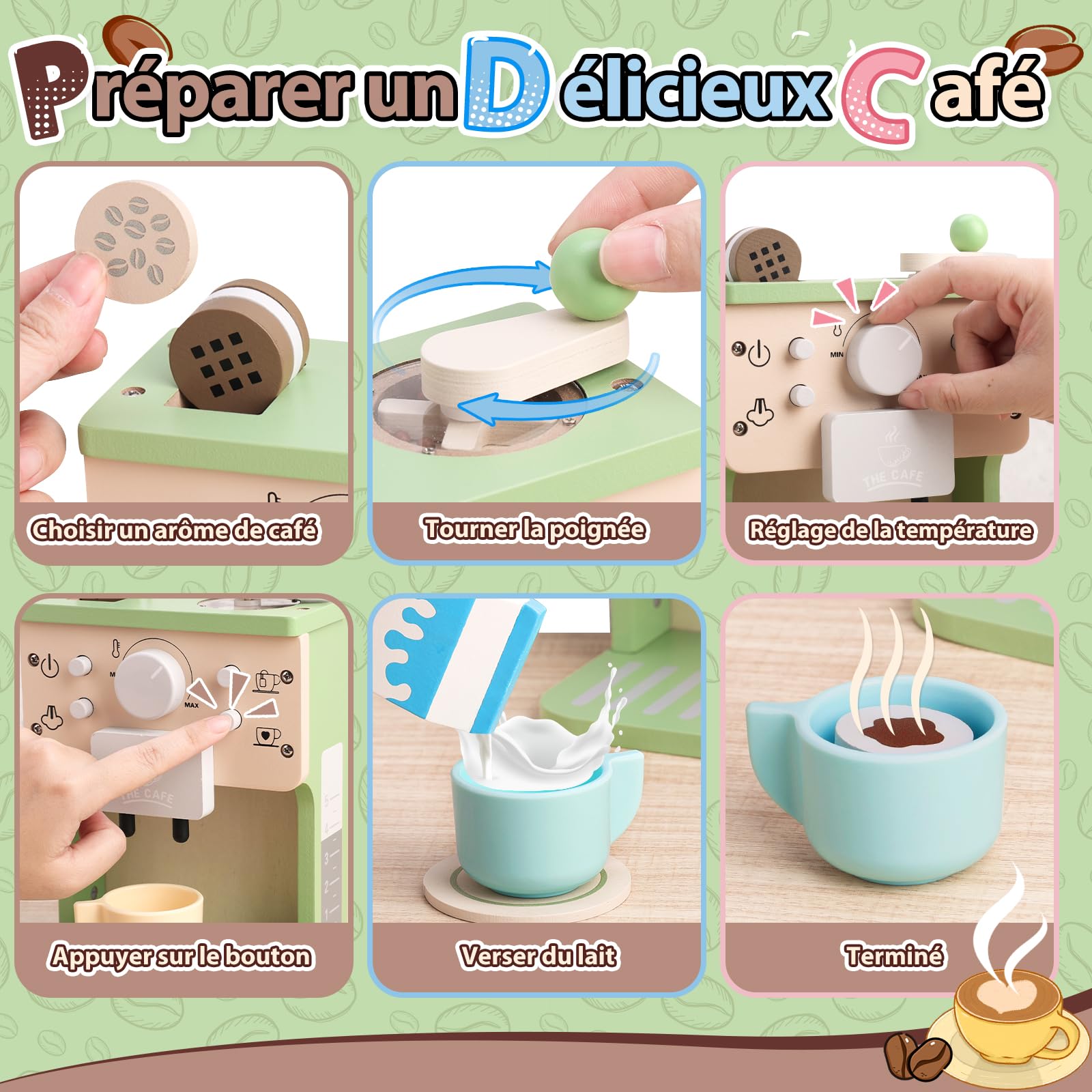 VBACALA Cafetière en Bois pour Enfants avec Son et Boutons,Cuisine en Bois pour Enfants avec Tissu Gâteau et Croissant,Jouets Educatifs Jeux de Rôle Montessori,Jeux de Cuisine,Cadeaux pour Garçons et