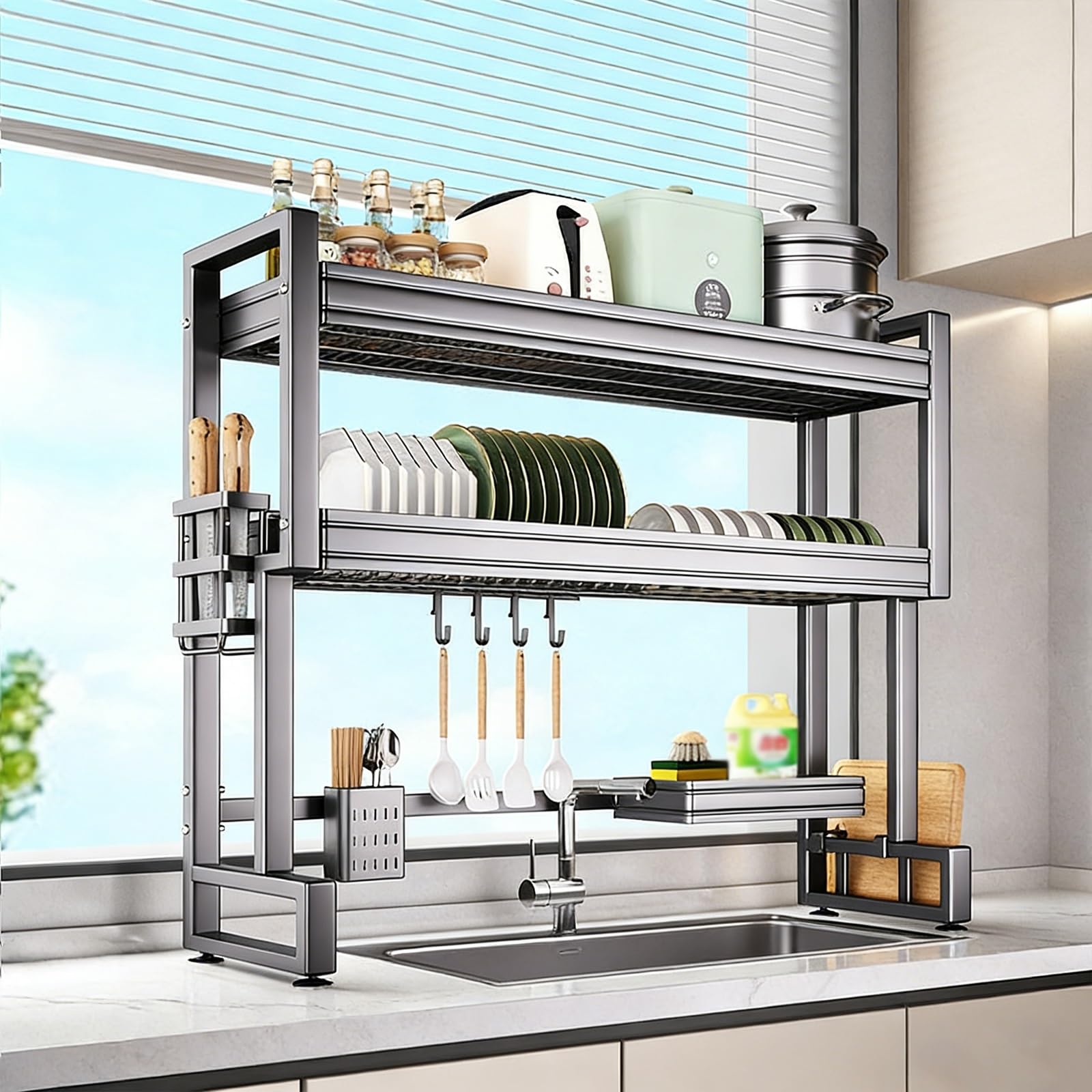 Escurridor de Platos sobre el Fregadero, Estante Multifuncional de Acero Inoxidable para Guardar Platos, Vasos y Cubiertos, Ahorra Espacio en la Cocina (Doble Capa de 95 cm/37,4 Pulgadas).