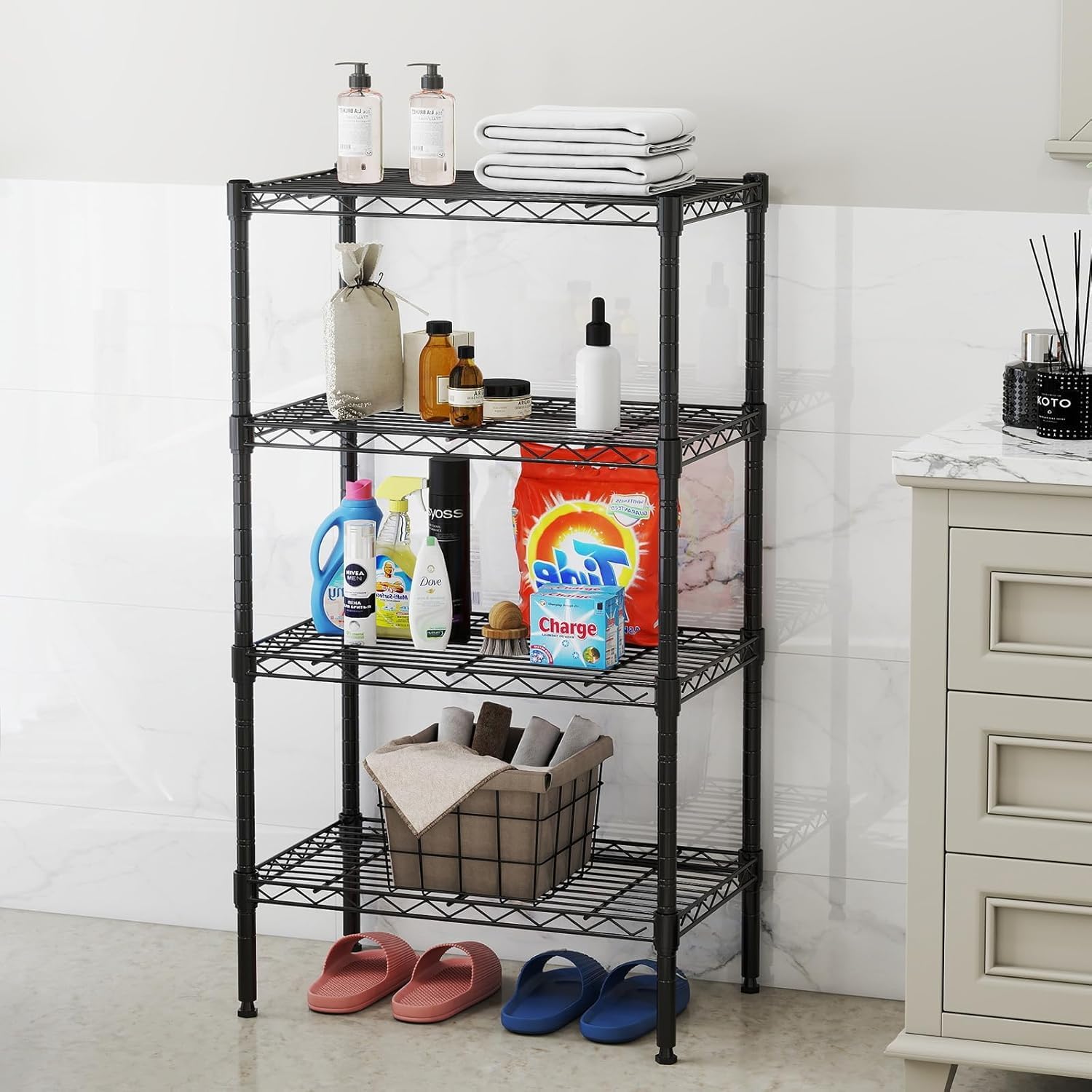 HealSmart 4-Tier Metal Wire Storage Shelves, Adjustable Standing Storage Rack Shelf, Heavy Duty Steel Shelving Unit Organizers for Kitchen Bathroom Pantry Garage, 23.3" W×13.4" D×47" H, Black