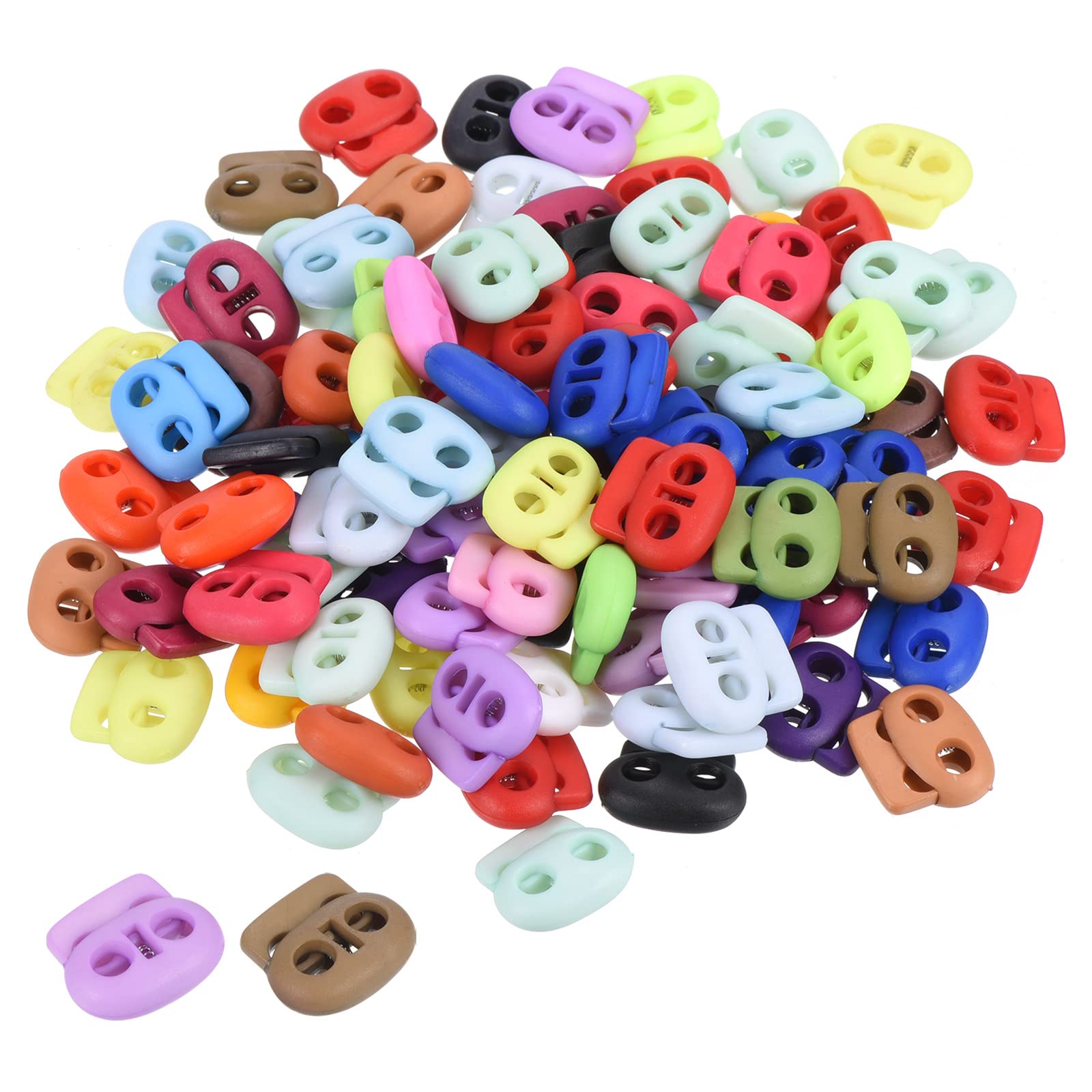 PATIKIL 0.9x0.8" Cord Locks Assorted, 100 Pack Double Hole Spring End Toggle Stopper for Drawstring Bag Shoelaces, Multicolor