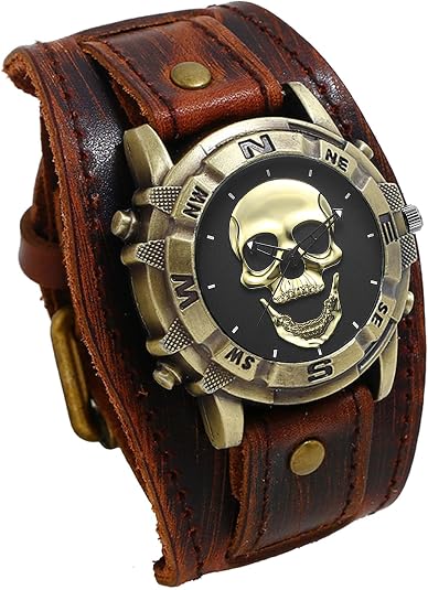 JewelryWe Wide Leather Cuff Watch Vintage Retro Quartz Punk Wristwatches for Men Women Halloween Costumes for Mother's Day