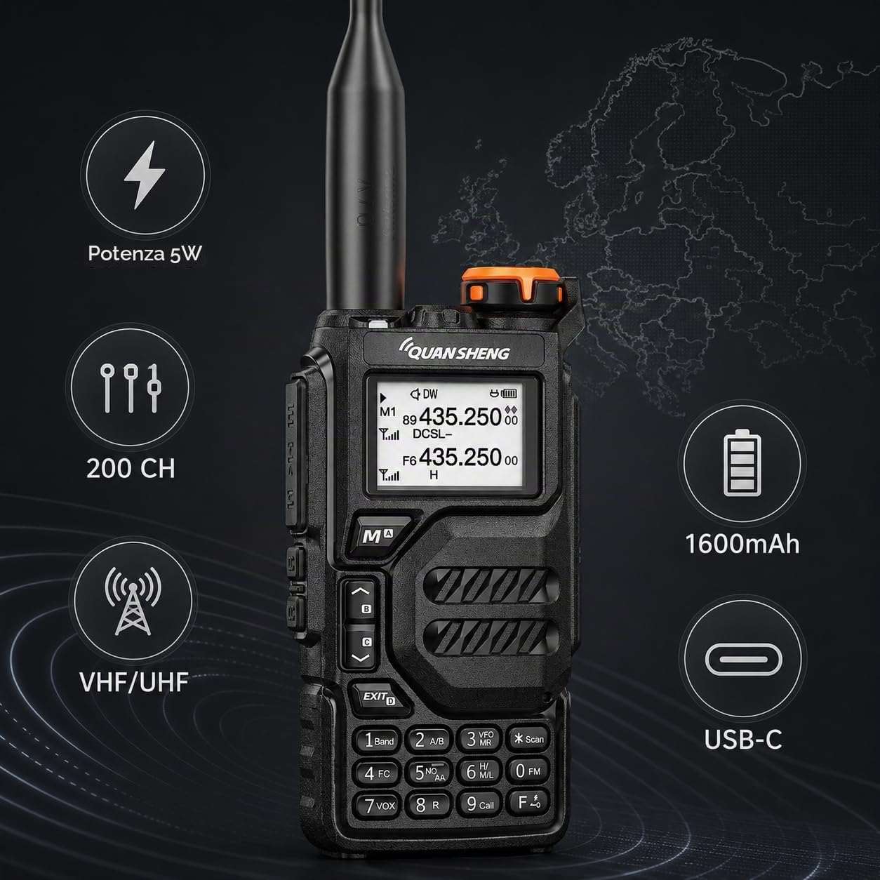 QUANSHENG Walkie Talkie UV-K5 Professionali Radio，200 Canali CTCSS/DCS Walkie Talkie Professionali con Auricolare，Ricetrasmettitore a Lungo Raggio Adatte per Attività all'aperto,Ciclismo,Cantieri