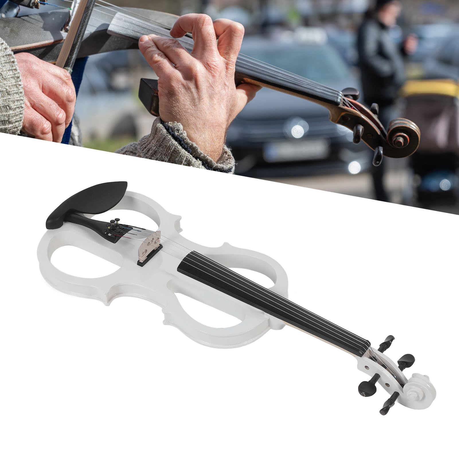 Profesional 4/4 Violín Electrico Silencioso Tamaño Completo Electric Violin Set para Principiantes, Violín Eléctrico Metálico de Madera Maciza, Negro (White)