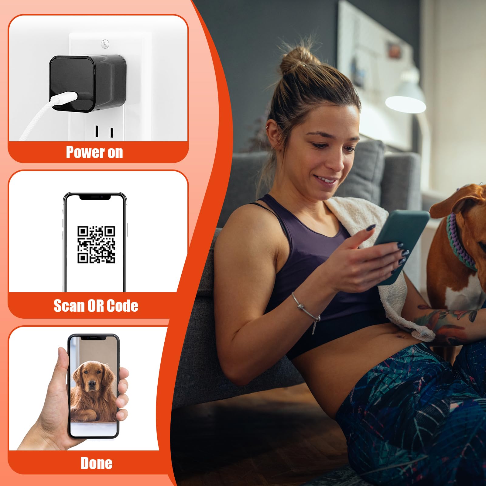 Telecamera con caricatore USB, piccola telecamera WiFi, Full HD 1080p, mini telecamera wireless per bambini, rilevamento del movimento con app live feed