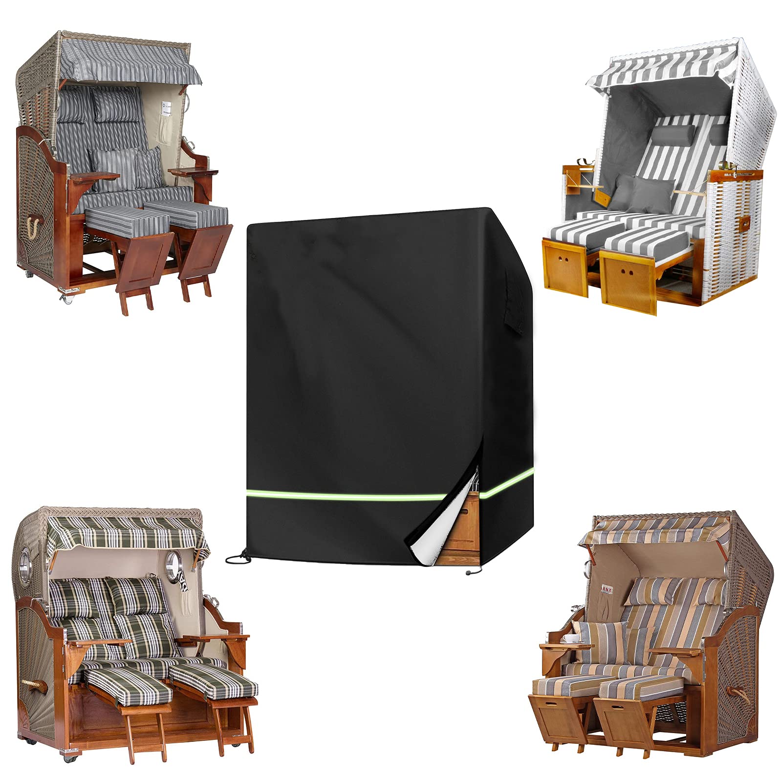 Strandkorb Schutzhülle mit Belüftungsöffnungen und Reflektierende Streifen, Wasserdicht, Winddicht UV-Beständiges, 210D Oxford Gewebe Schutzhülle für Strandkorb (135x105x175/140cm)