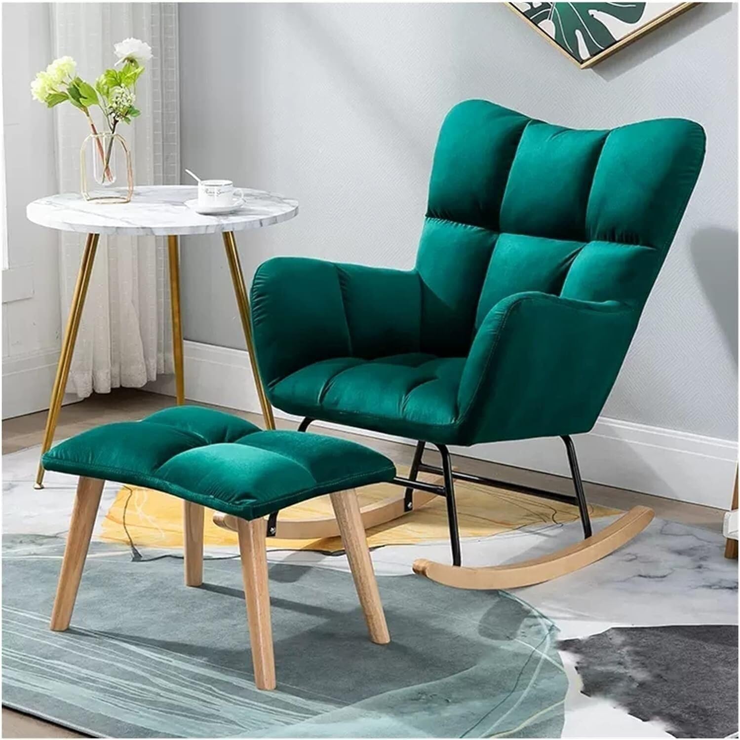 Glider Rocking Chair Mid Century Lounge Arm Chairs Rocker Chair with Ottoman, Glider Rocker with High Backrest(Green)