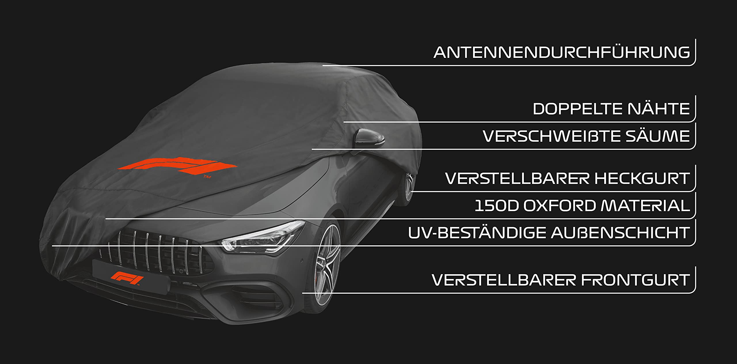 Formula 1 Autoabdeckung Vollgarage Auto Abdeckplane Atmungsaktiv, Staubdicht, Wasserdicht, Autohülle für Winter und Sommer,Größe L, Schwarz