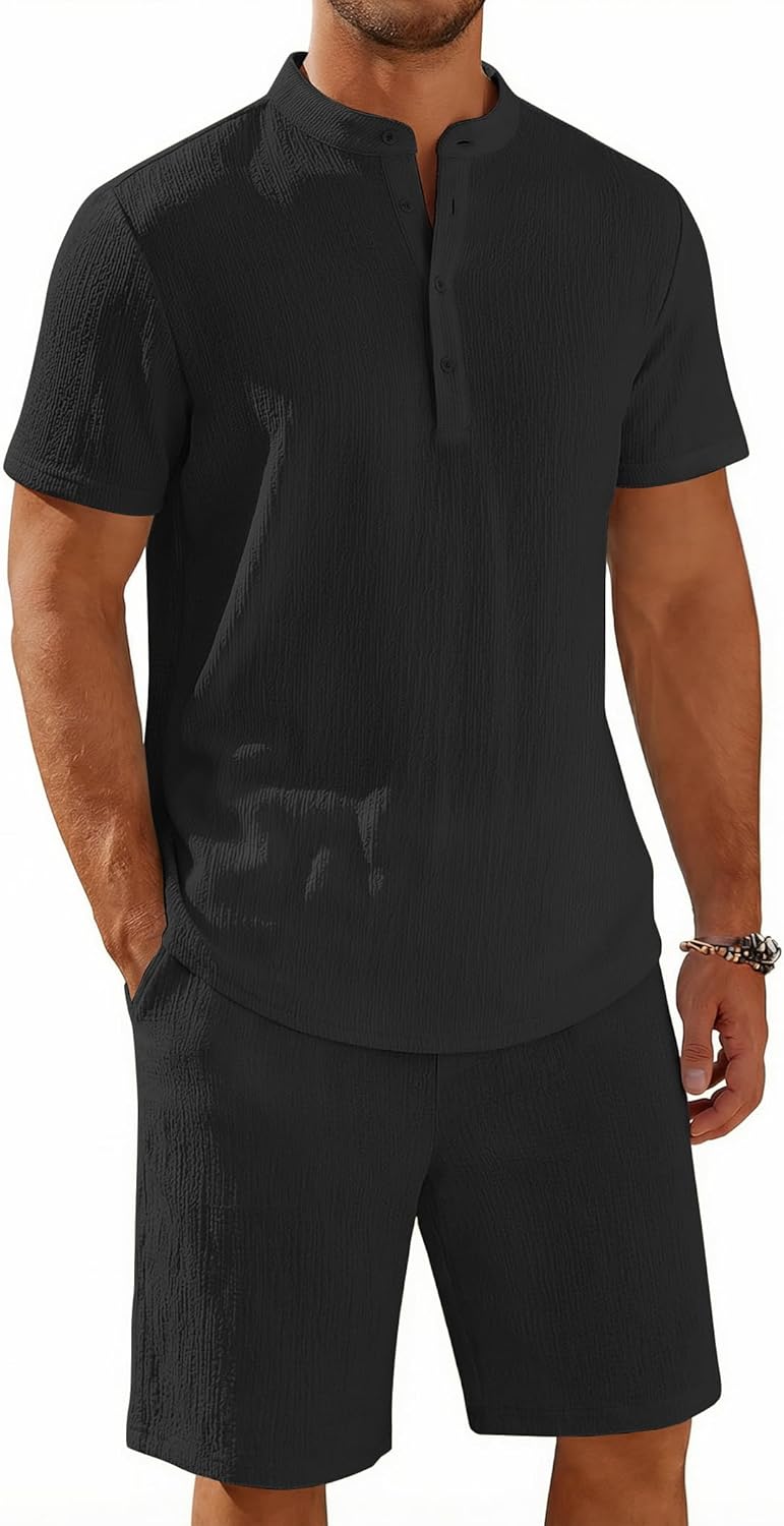 COOFANDY Men's 2 Piece Summer Beach Outfits, Textured Casual Henley Shirt and Shorts Set