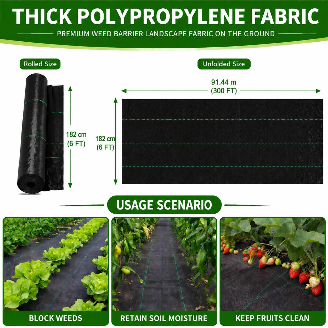 Tessuto non tessuto per erbacce 1,83 m x 91,4 m con griglia per piante, robusta pellicola per aiuole rialzate, traspirante e permeabile all'acqua