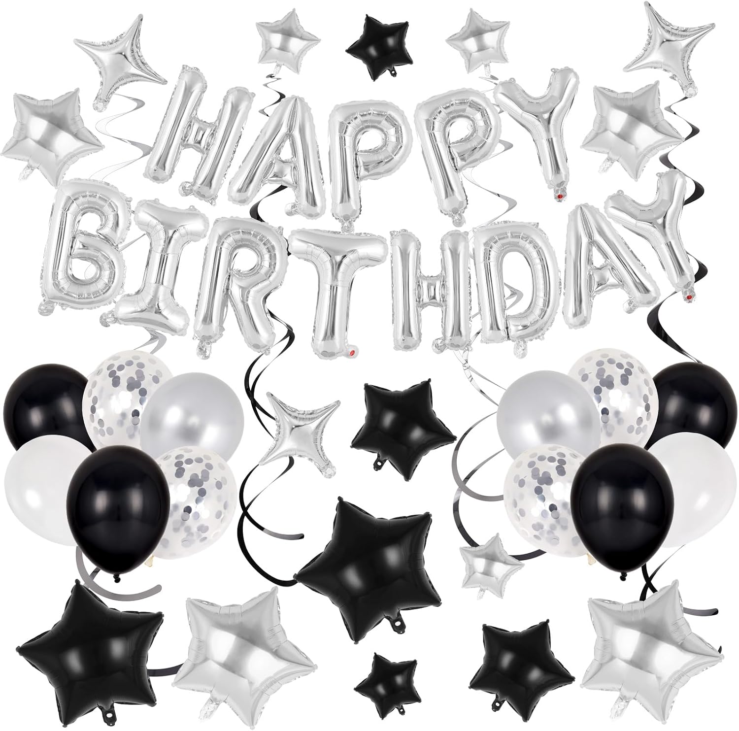 55 Pcs Happy Birthday Balloons Letters Banner with 35 Pcs Star Foil Balloon, 20 Pcs Latex Balloons, 6 Hanging Swirls for Women Men Boys Girls Birthday Party Decorations Set (Silver)