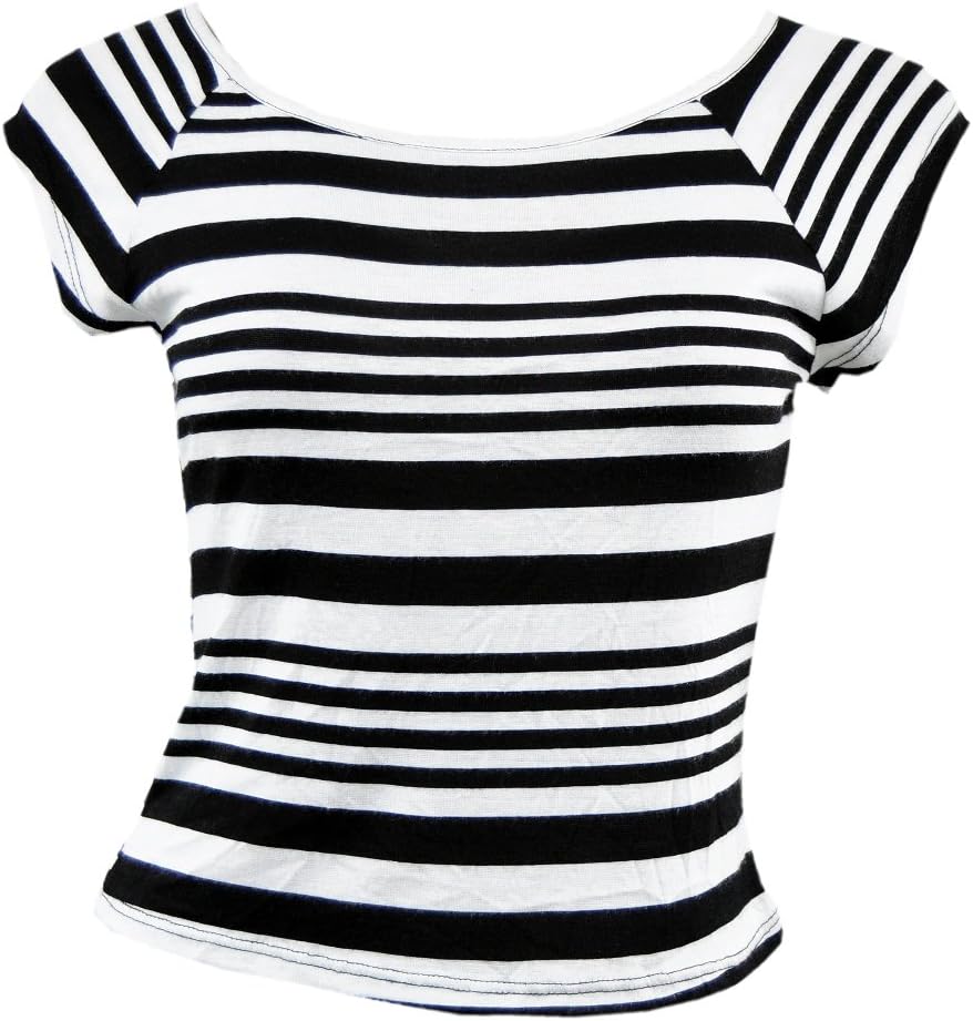 Ultra Flirt Stretchy Bodycon Black White Striped Crop Top, Small