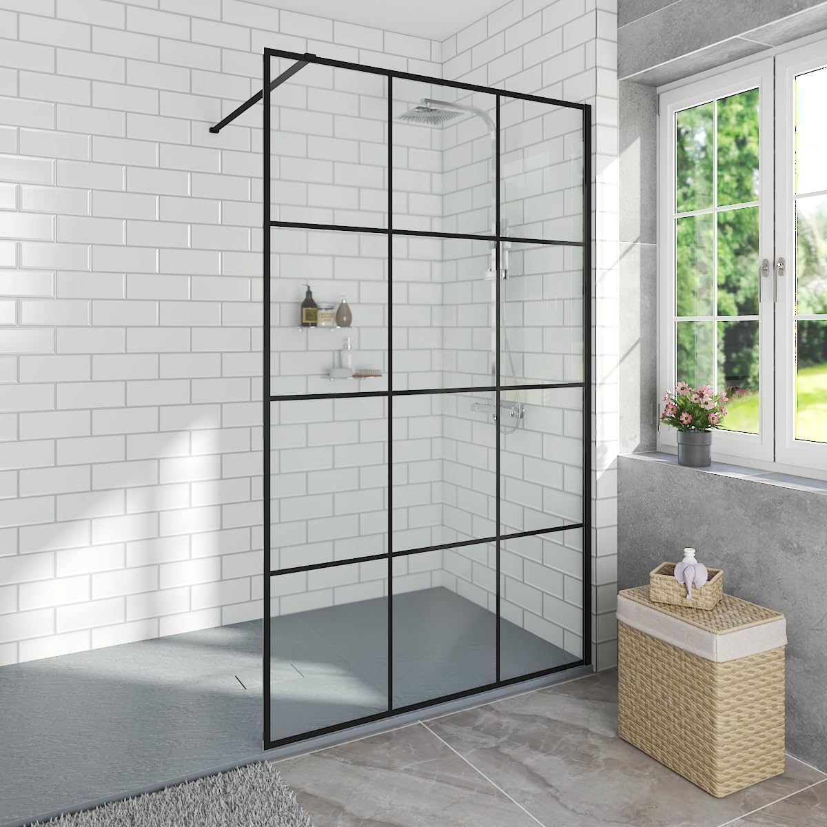 Aquariss Black Walkin Shower Enclosure 1200Mm 8Mm Grid Easy Clean Safety Glass Shower Cubicles Wetroom Shower Screen With Anthracite Shower Tray & Free Waste