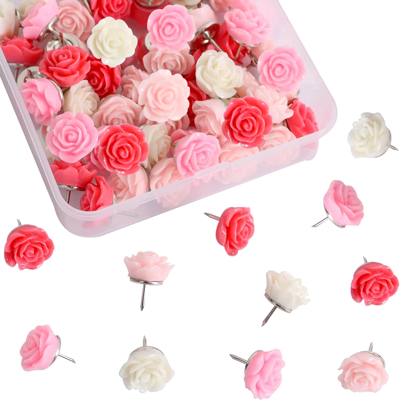 Vuzvuv 60 pcs Deep Pink Rose Flower Push Pin with Gradient Color for Bulletin Board,Decorative Cute Thumbtacks Floret Flower Pins for School, Office