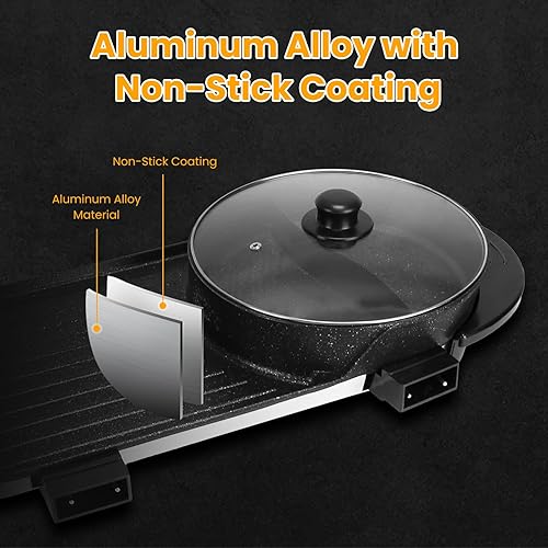 Miniatura 6 de Olla eléctrica 2 en 1 y parrilla de barbacoa coreana, 2200 W, sin humo, antiadherente, para interiores, con doble control de temperatura, olla