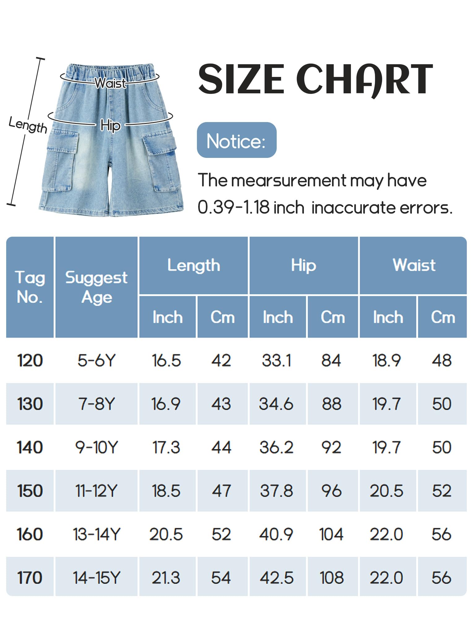 SEAUR Short Baggy Garçon Cargo Enfant Jean Été Taille Élastique Denim Pantalon Court Ado Bermudas Respirant avec Poches 5-15 Ans