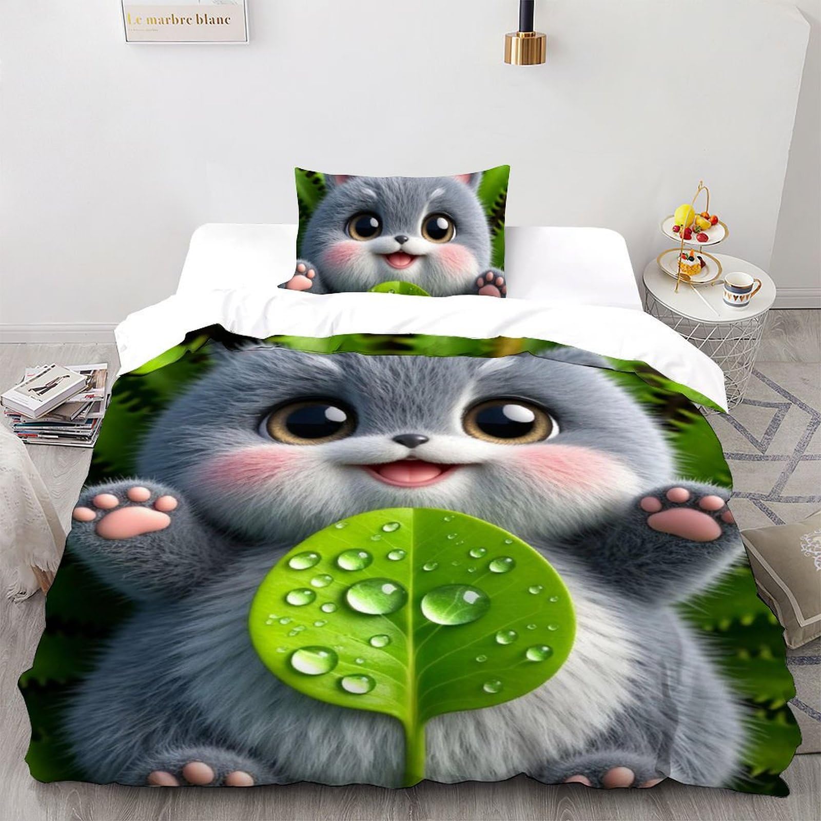 Housse de couette single Ours et Animaux de la forêt imprimé 3D 135x200cm pour fille