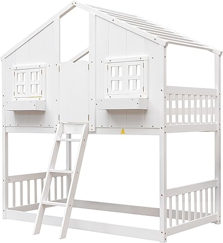 Miniatura 8 de Harper  Bright Designs Litera de casa individual sobre individual para niños literas de madera con techo ventanas caja de ventana y puerta pequeña