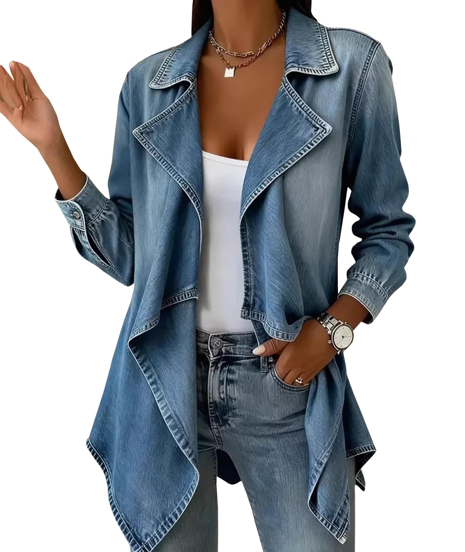 Sexyshine Women's Open Front Draped Collar Denim Jacket Cardigan Jean Coat
