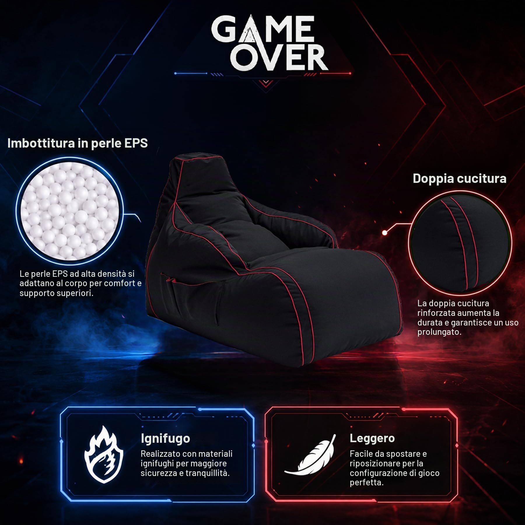 Game Over Bean Bag Chaise Longue per Video Gaming | Puff Poltrona Sacco | Per Soggiorno e Interni | Tasche Laterali per Controller | Supporto per Cuffie | Design Ergonomico (Cremisi elettrico)