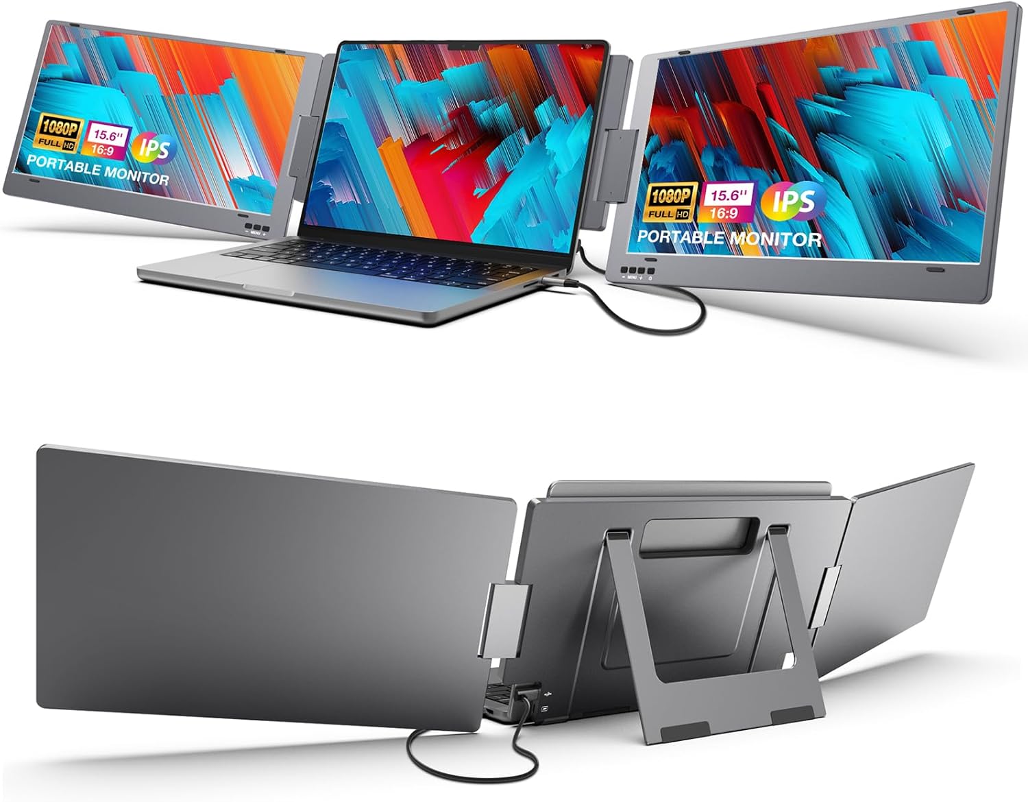 KYY PortableTriple Laptop Monitor Extender, 15.6" 1080P FHD IPS Triple Laptop Extender, One Cable USB C Portable Dual Screen(Mac, Wins, Android)