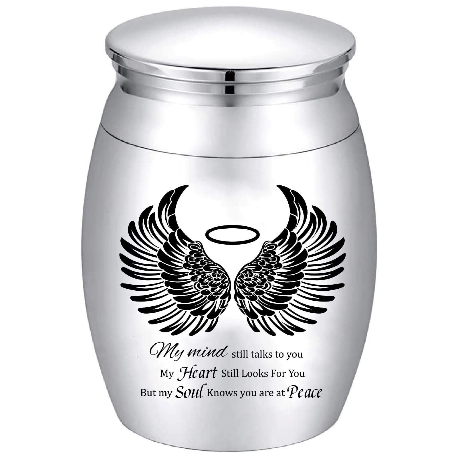 CREATCABIN Small Keepsake Urns Mini Cremation Urn for Human Ashes Alloy Sharing Funeral Urn Memorials Ashes Holder Miniature Container Black Angel Wings for Family Friend Pet 1.6x1.2Inch-Silvery