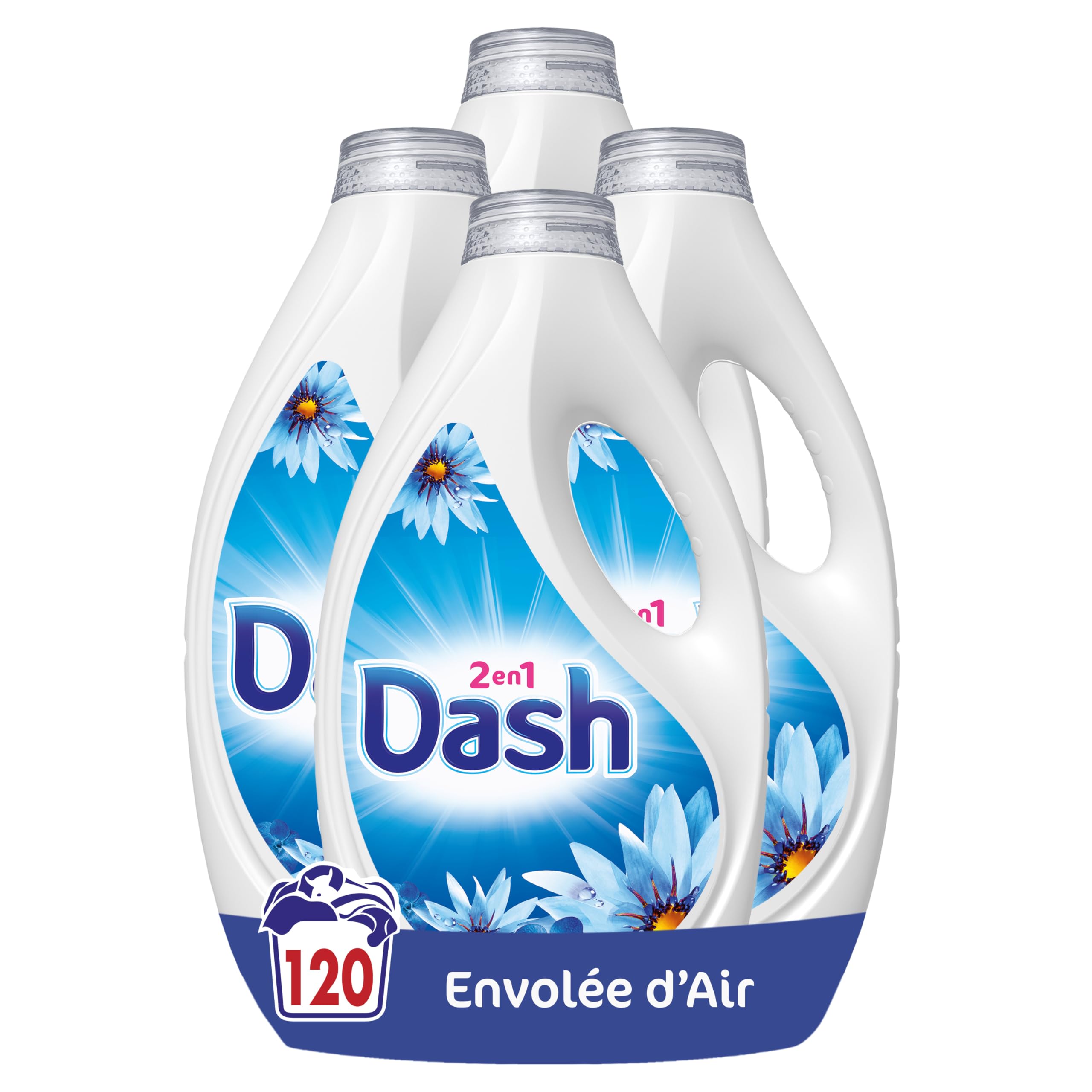 Dash 2en1 Lessive Liquide, 120 Lavages (4X30), Parfum Envolée d'Air, Jusqu'à 3 Semaines de Fraîcheur, Fabriqué en France