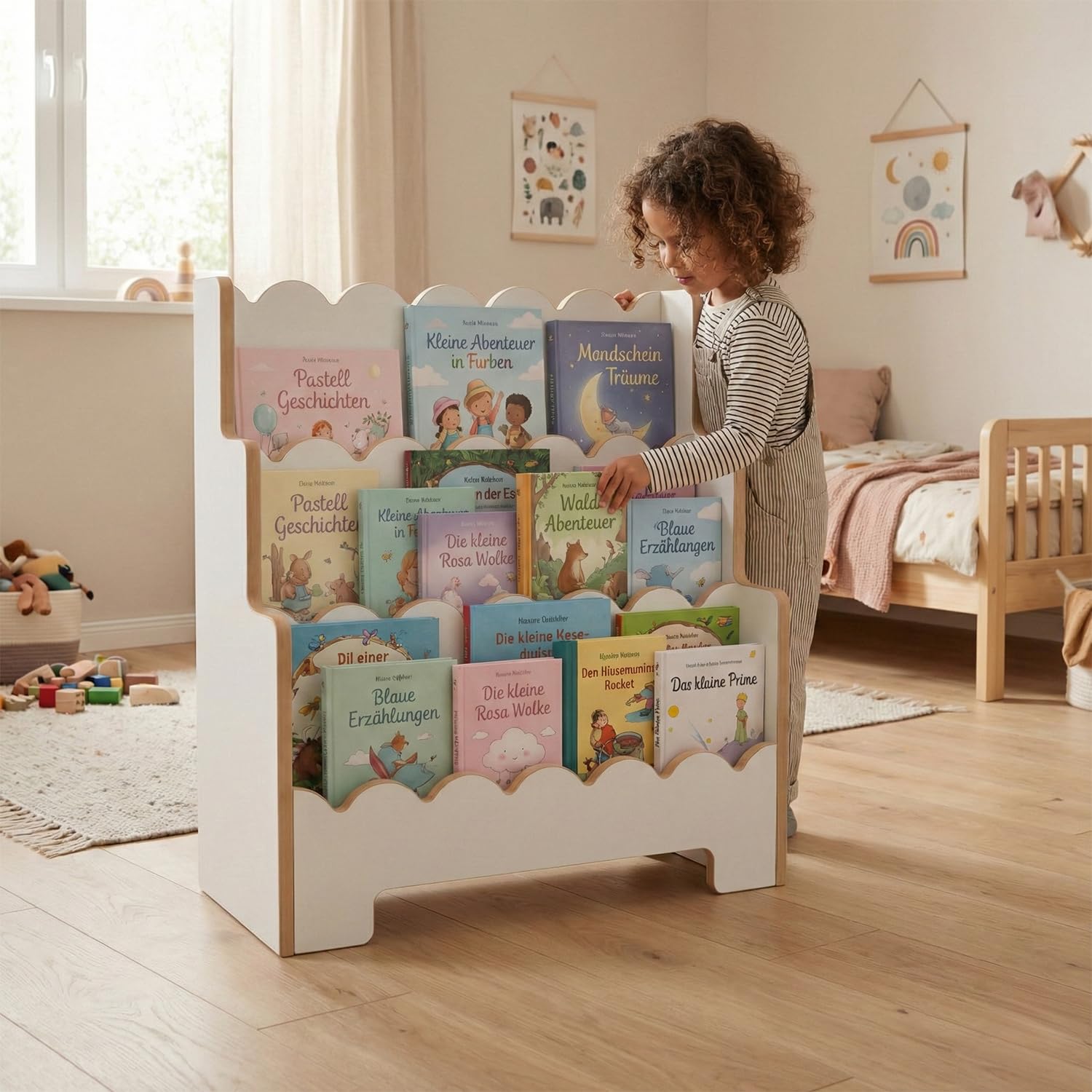 Montessori Kinderregal Weiß – Stabiles Bücherregal für Kinder – Regal für Spielzeug und Bücher – Erhältlich in 63, 73, 83 cm Breite (83cm)