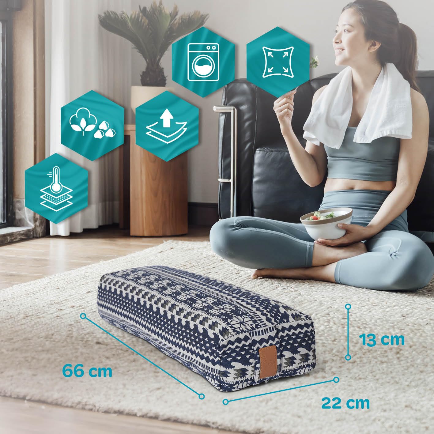 eckiges Yoga Bolster » paravati « con Bio di grano saraceno Shell (KBA)Lunghezza ca 67 cm & diametro ca 13 cm – Ideale come cuscino per YogaZafu Cuscinocuscino da meditazionemeditiations