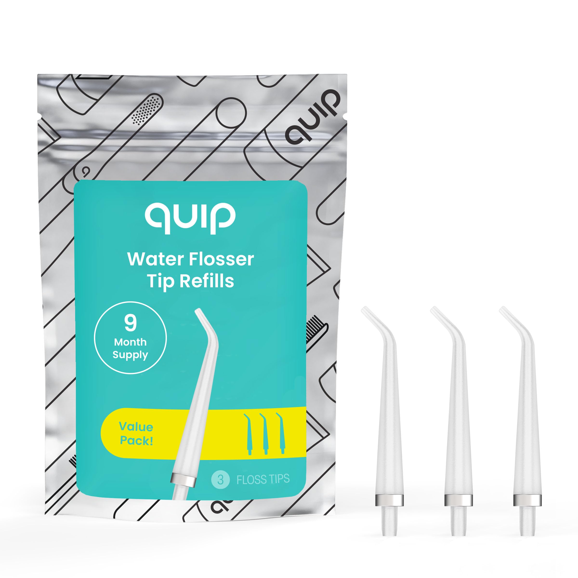 QuipWater Flosser Tip Refills - Cordless Water Flosser Refill Tips - Teeth Cleaner Pick with 360 Degree Rotating Replaceable Tip, Rechargeable Water Dental Pick Refills - 3 ct