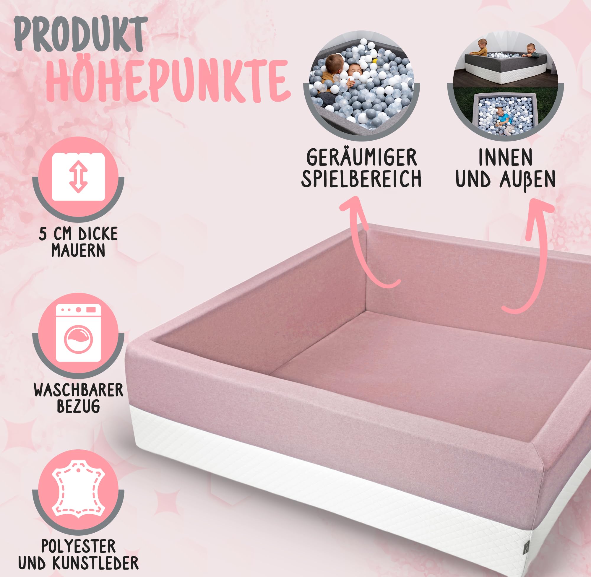 Rainbow Kids - XXL Luxus Bällebad Bällepool Bällebecken Spielbälle Kugelbad Bällchenbad Spielbecken Ball (120x120x40- ohne Bälle)- Rosa-Weiss